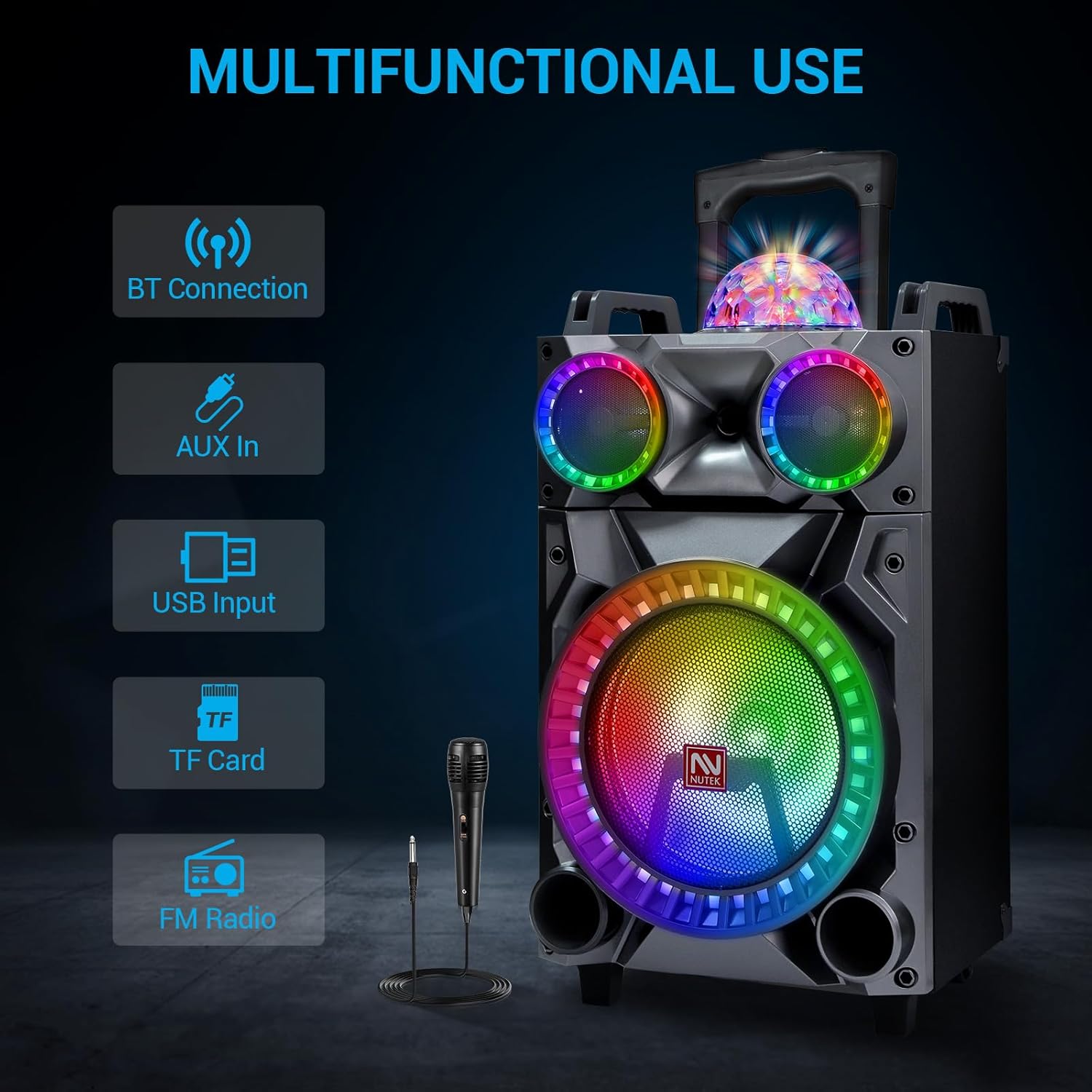 Altavoz inalámbrico de alta fidelidad Bluetooth portátil de 12 pulgadas, sistema PA recargable – Máquina de karaoke de potencia máxima de 3000 W con