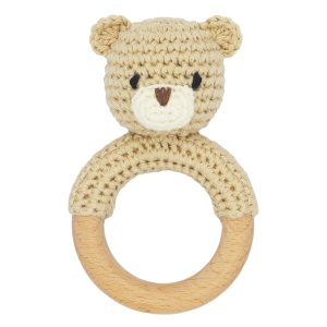 Animales de safari de madera para bebé, sonajero de ganchillo relleno con anillo de mordedor para recién nacido, oso beige Animales de safari de madera para bebé, sonajero de ganchillo relleno con anillo de mordedor para recién nacido, oso beige