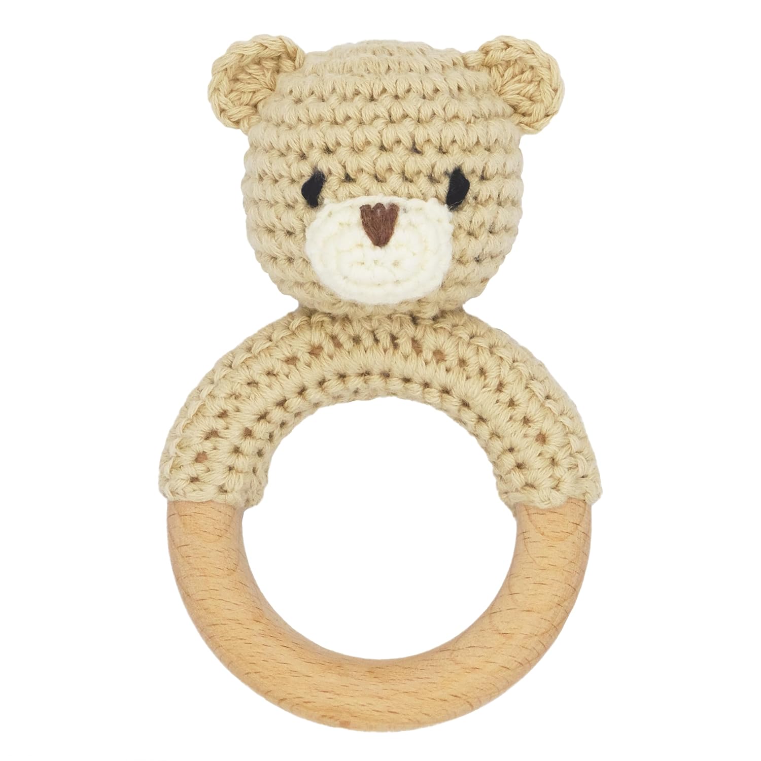 Animales de safari de madera para bebé, sonajero de ganchillo relleno con anillo de mordedor para recién nacido, oso beige
