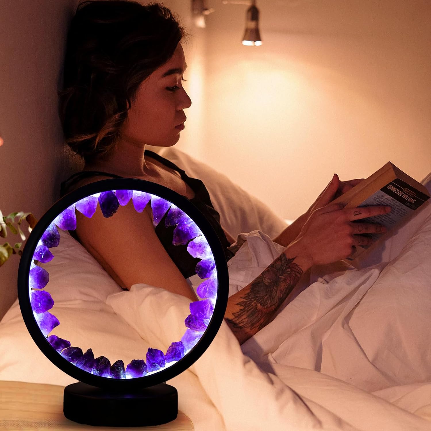 Runyansghi – Lámpara de noche de amatista de 8.6 pulgadas, cristal curativo natural, puerto USB, 3 colores, modo de atenuación, lámpara de noche