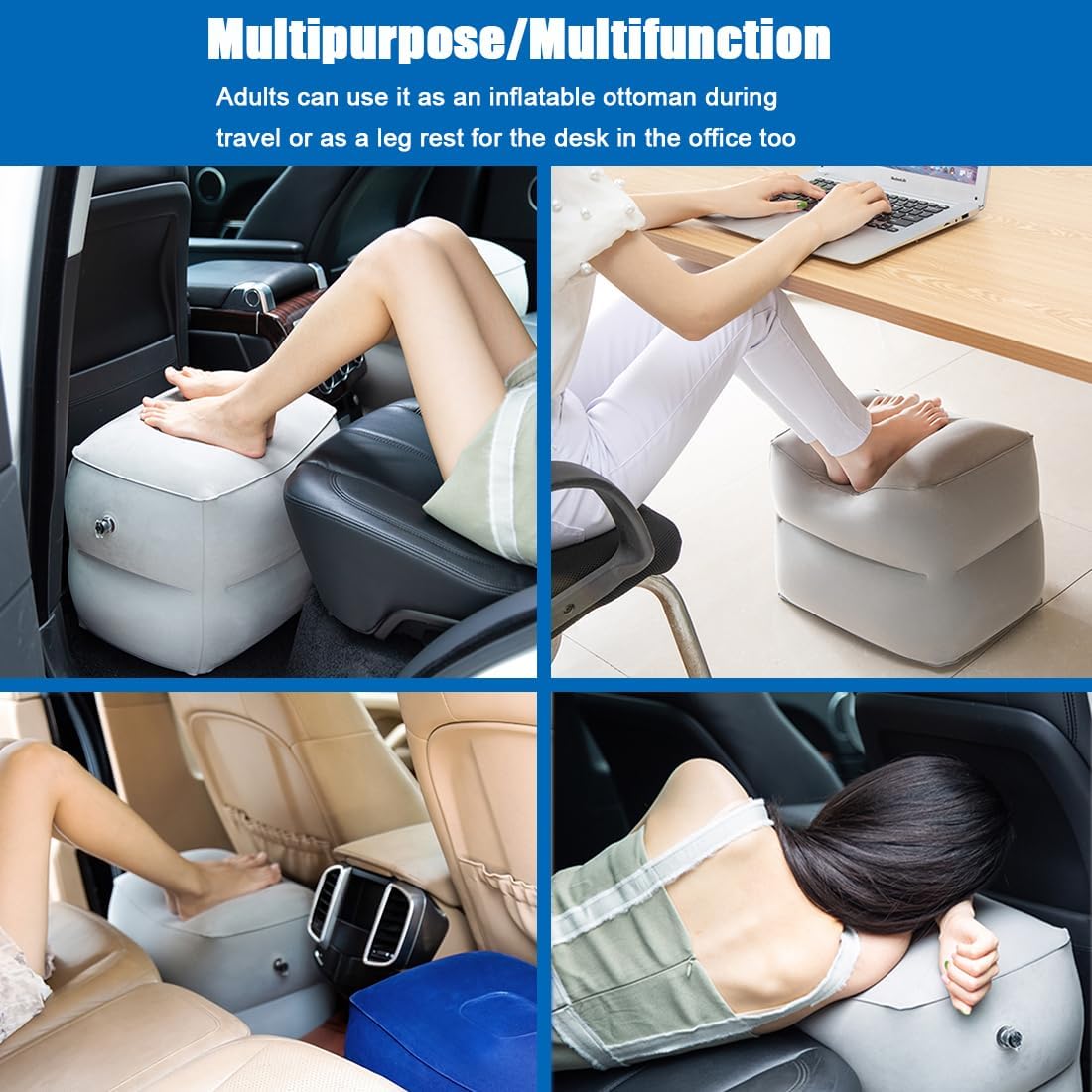 Paquete de 2 reposapiés inflables para viajes aéreos, reposapiés de viaje en avión, altura ajustable, cocheavión, almohada reposapiés con bomba para