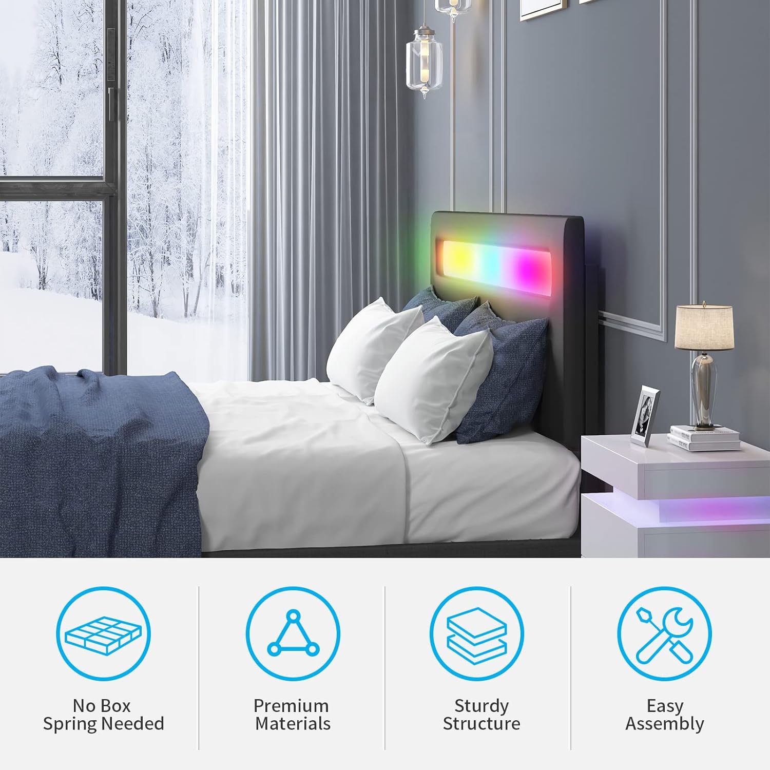 Mjkone Platform Bed Frame with Smart RGB LED Light Strip, Queen Size Bed Frame with Adjustable Headboard, Compatible with Alexa & App, No Mattress