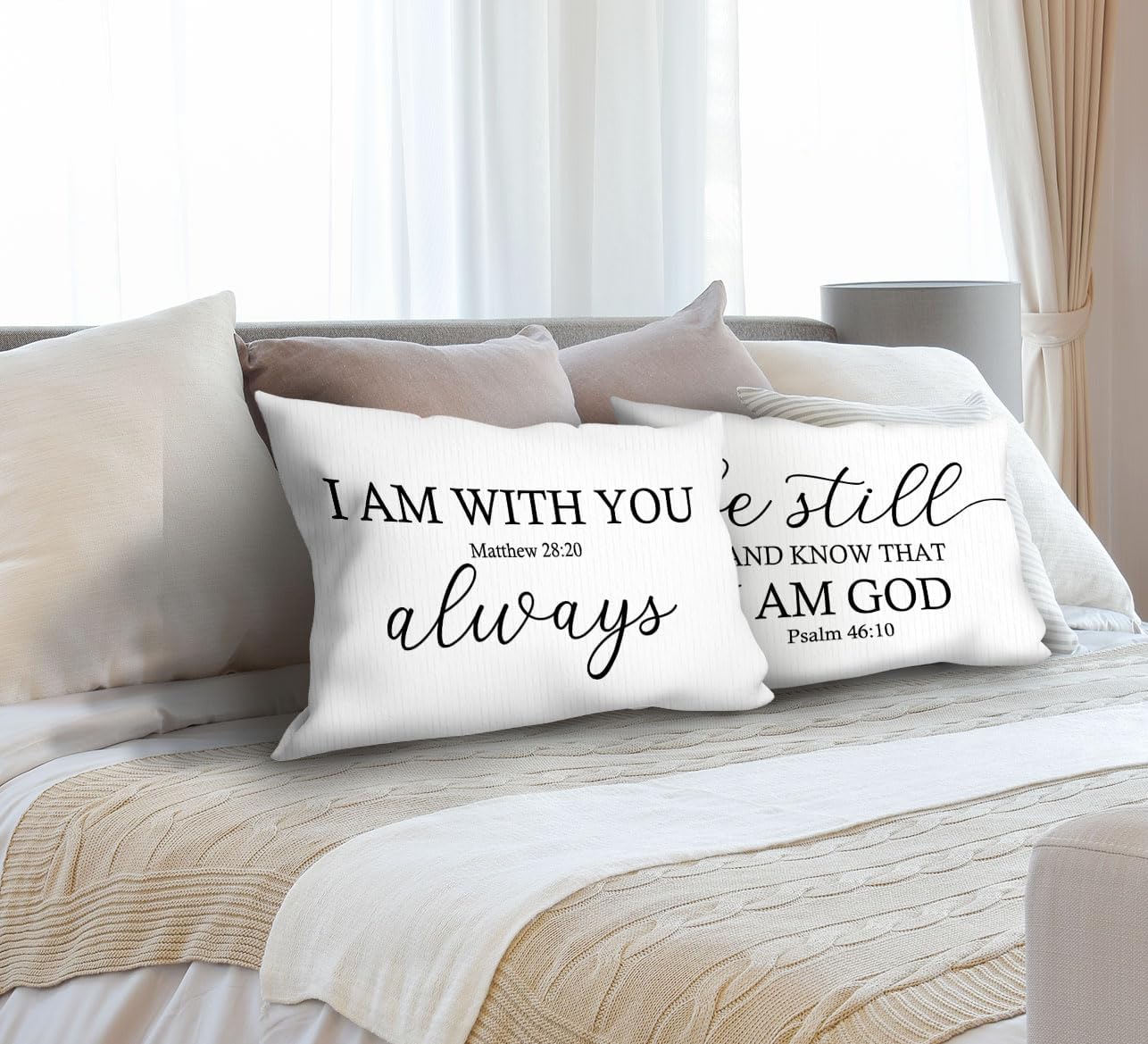 FLDAS Juego de 2 fundas de almohada decorativas con versículos bíblicos de Mateo 2820 con texto en inglés “I am with You Always Matthew 2820”,