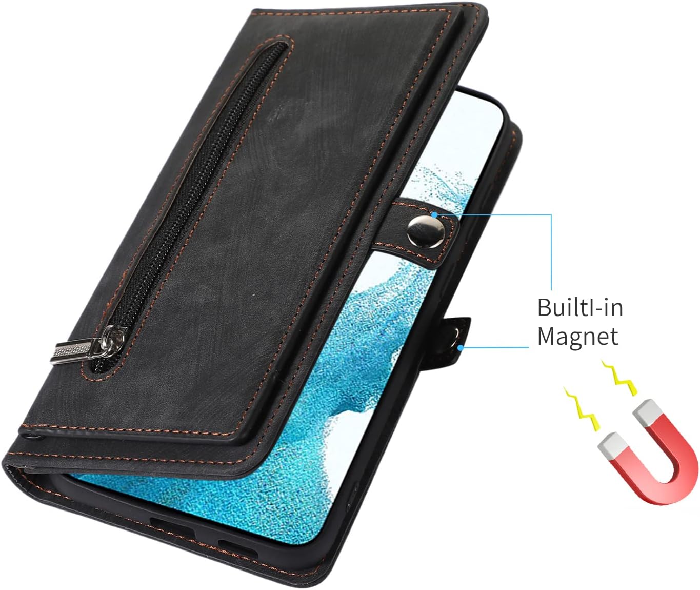 Asuwish Funda de teléfono para Samsung Galaxy S23 5G con protector de pantalla de vidrio templado y cremallera abatible de cuero, soporte para