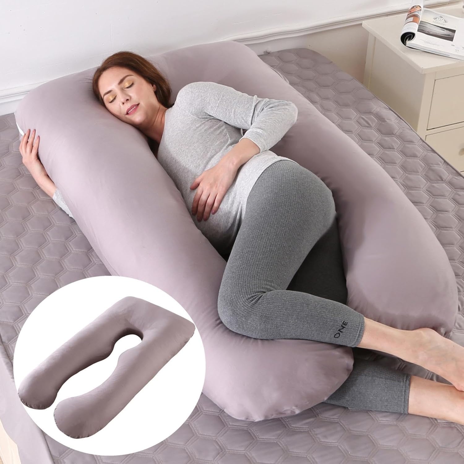 ecico Almohada de embarazo, almohada de cuerpo completo en forma de U, funda de enfriamiento gris, almohada de embarazo para dormir, almohada