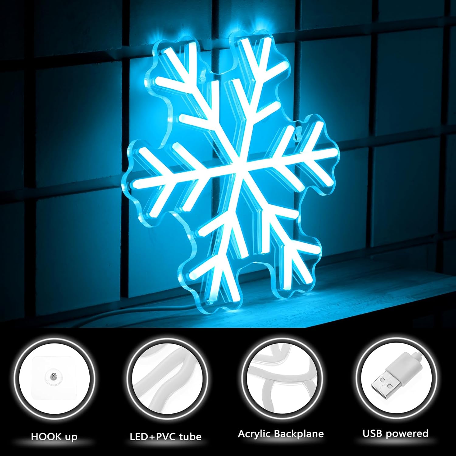 Treela Letrero de neón de copo de nieve de Navidad, letrero de neón azul hielo, luz de neón de Navidad, decoración de Navidad con USB, para colgar