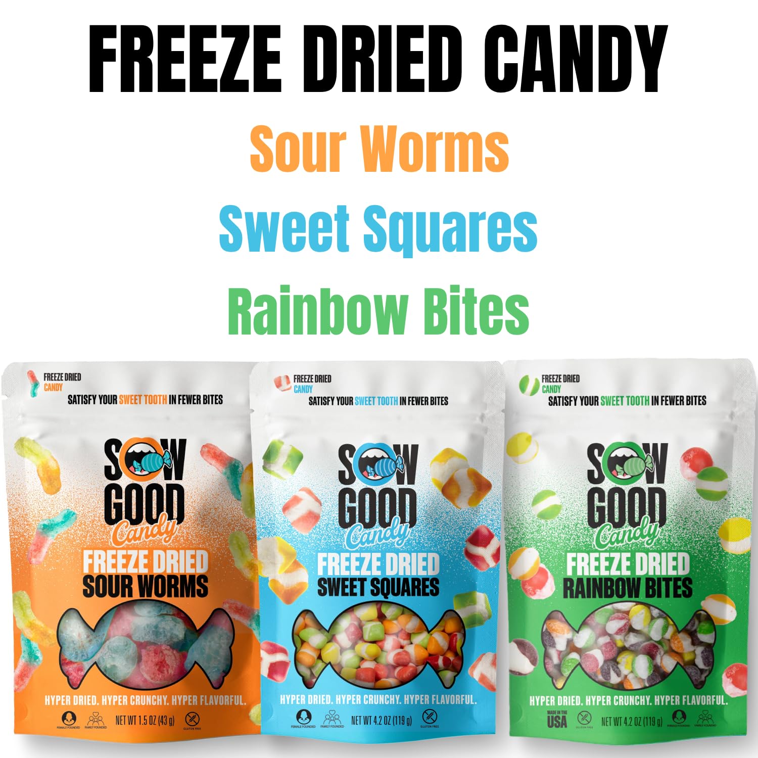 Paquete variado de dulces liofilizados por Sow Good – Skittles liofilizados, gusanos agrios, cuadrados dulces y otras variedades, paquete variado de