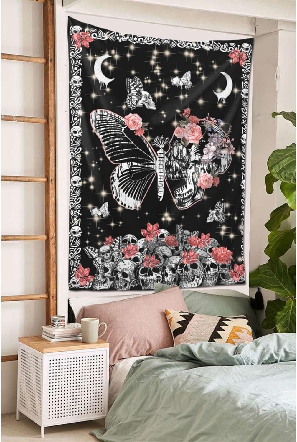 D-Story Tapiz para colgar en la pared, tapiz de calavera, esqueleto, luna, mariposa, flores, decoración del hogar, tapiz de pared de calavera, telón