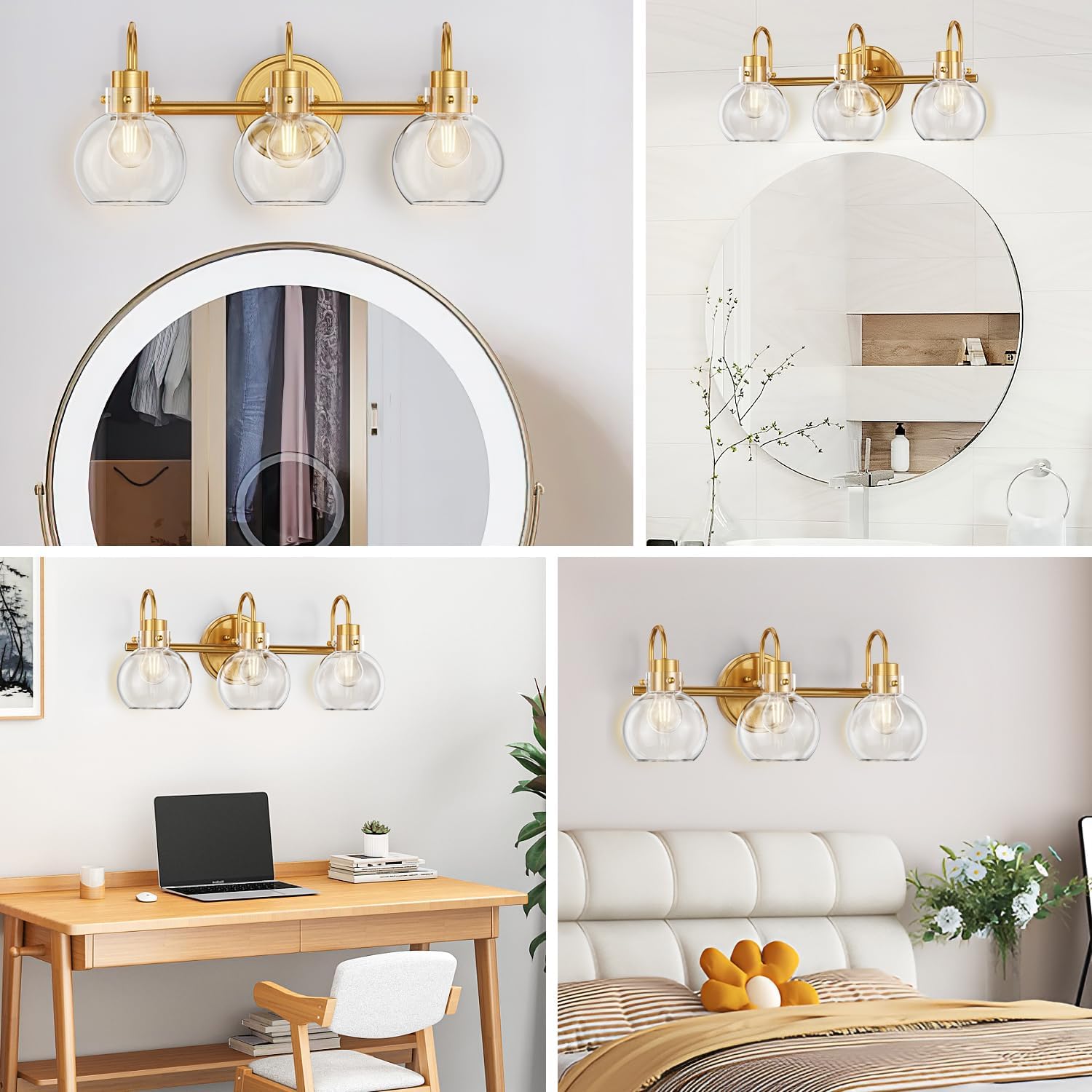 Lámpara de tocador de 3 luces, lámparas de baño de latón cepillado, apliques de pared de granja con pantalla de vidrio transparente de globo,