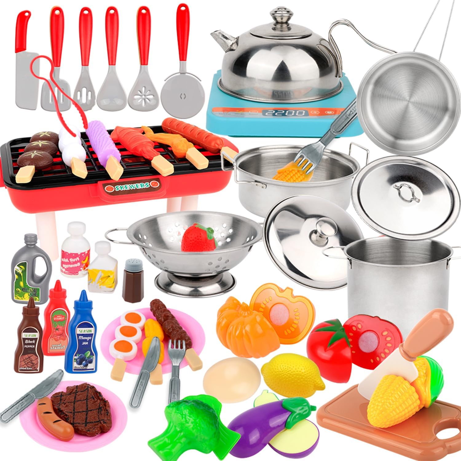 Holycco Juego de accesorios de cocina, juego de cocina para niños con ollas y sartenes de juego, juego de cocina de campamento, accesorios de cocina