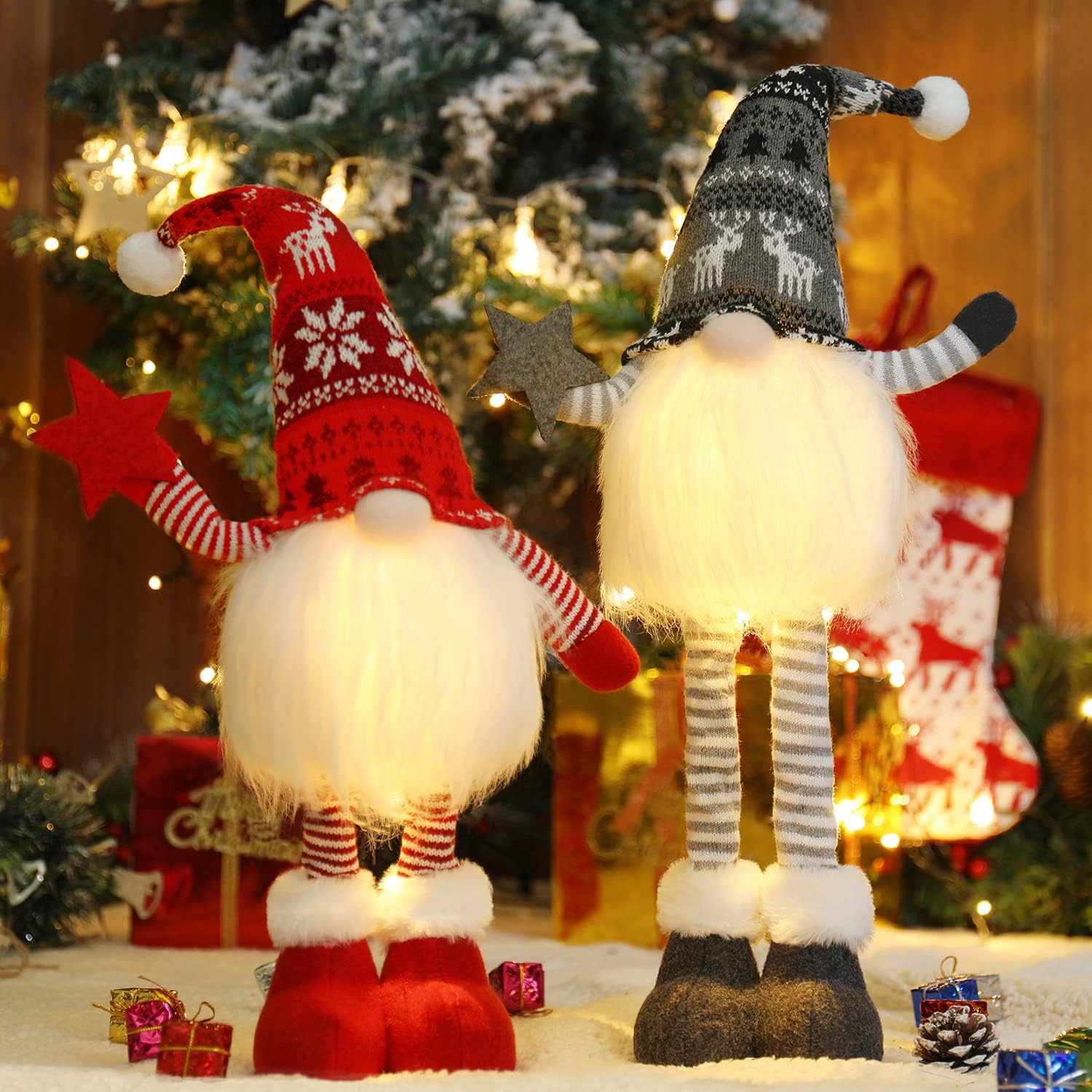 2 gnomos de Navidad iluminados con patas retráctiles de resorte, regalo de Navidad, decoración de Navidad para mesa de invierno, decoración de
