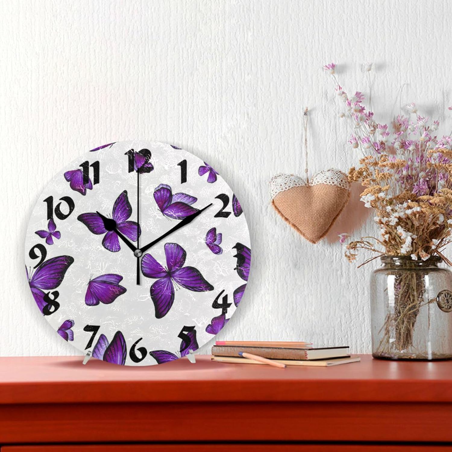 Reloj de pared de mariposa morado, silencioso sin tictac, funciona con pilas, reloj redondo decorativo creativo para cocina, sala de estar, baño,
