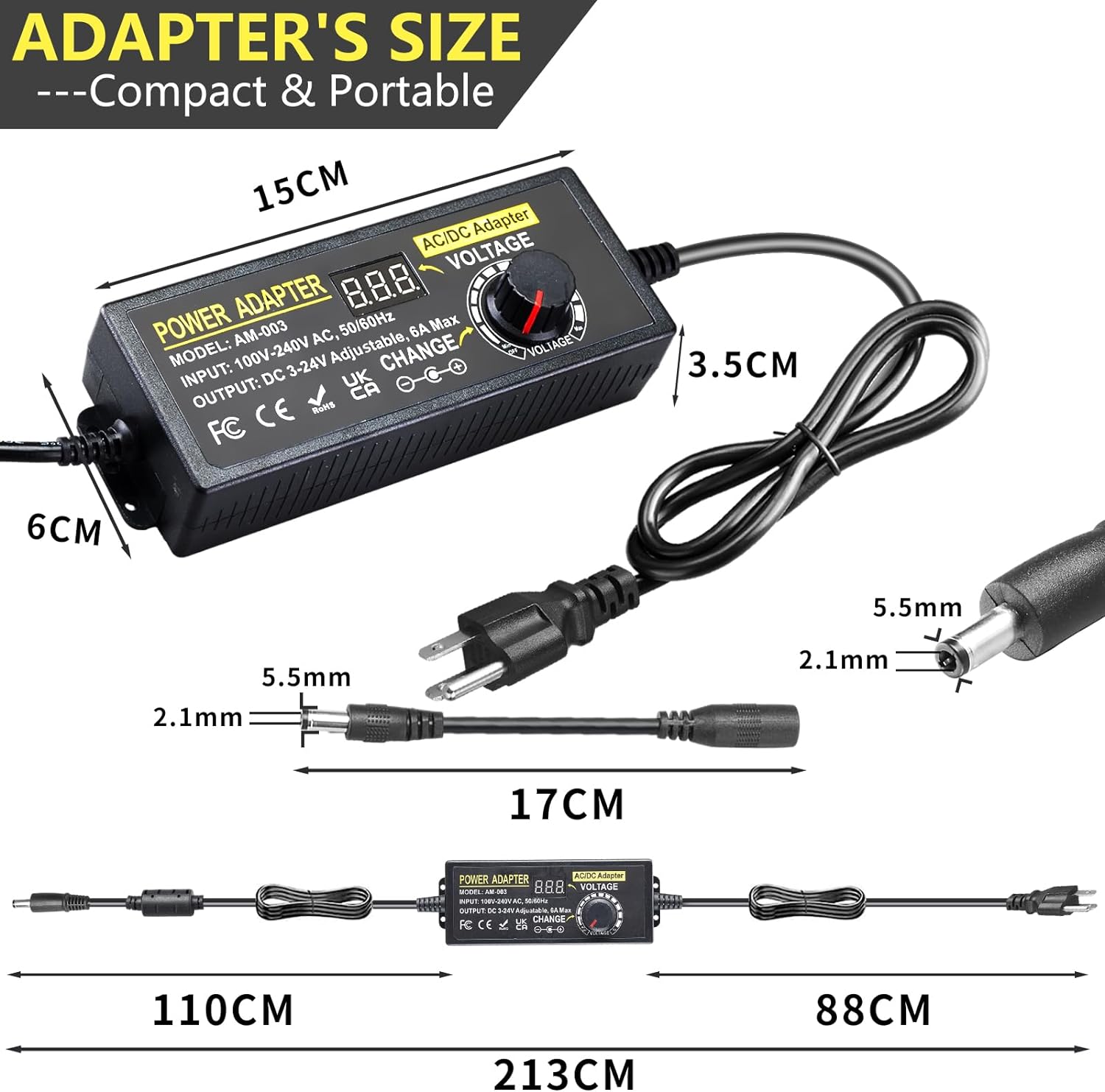 Adaptador de fuente de alimentación ajustable de 144 W 3 V  24 V 6 A Adaptador de corriente de conmutación variable universal 100V-240V AC a DC