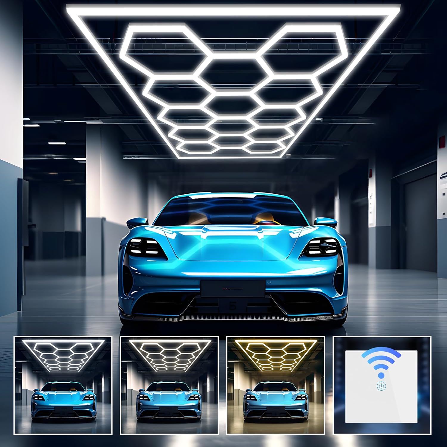 ALLYES Luces LED hexagonales  Luz hexagonal de garaje de 552 W, 66240 lm, alto brillo, 3000 K4500 K6500 K, luces ajustables CCT con interruptor