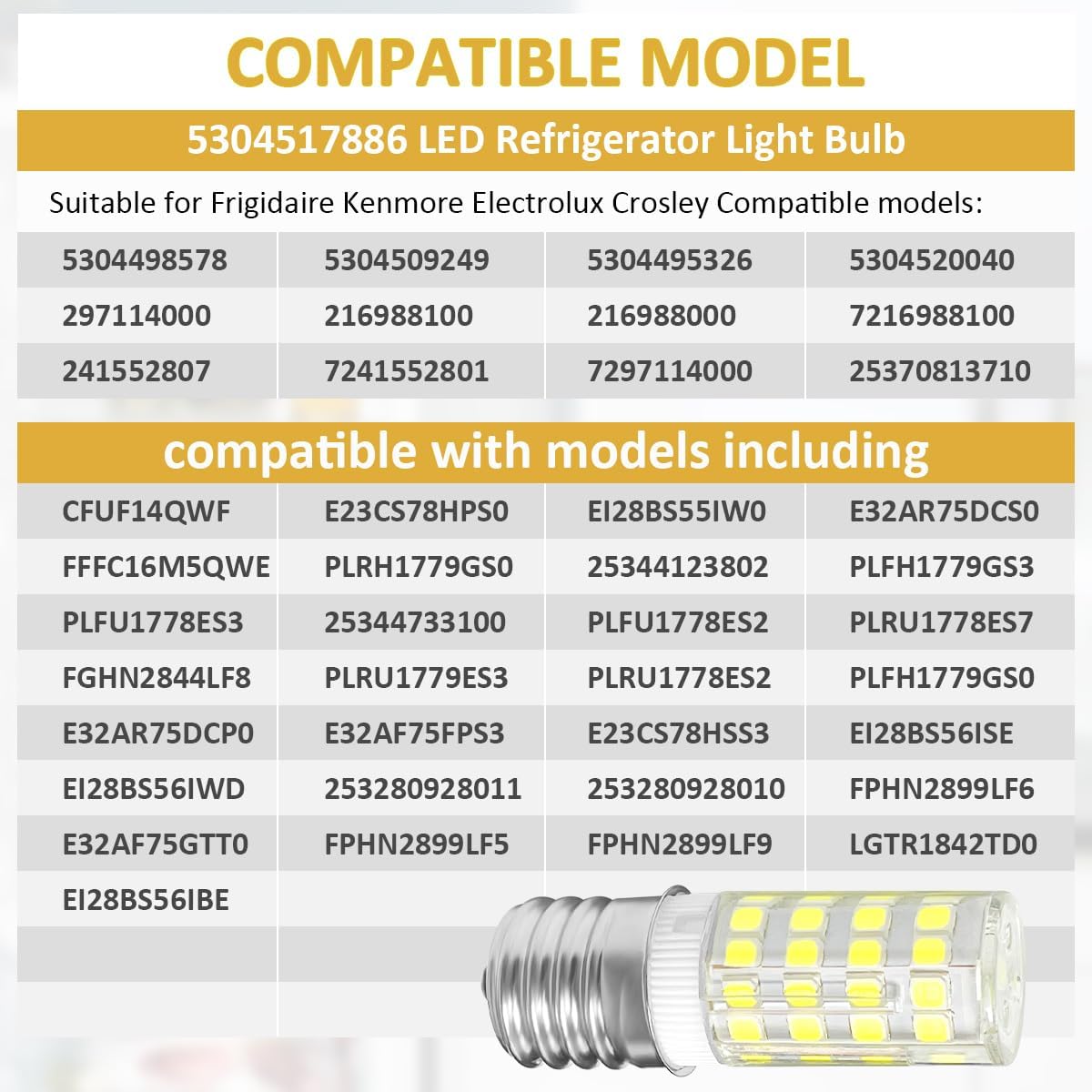5304517886 KEI D28A KEL2811 Bombilla LED de repuesto E17 base intermedia para Frigidaire Kenmore Electrolux Reemplazar 5304498578 5304495326
