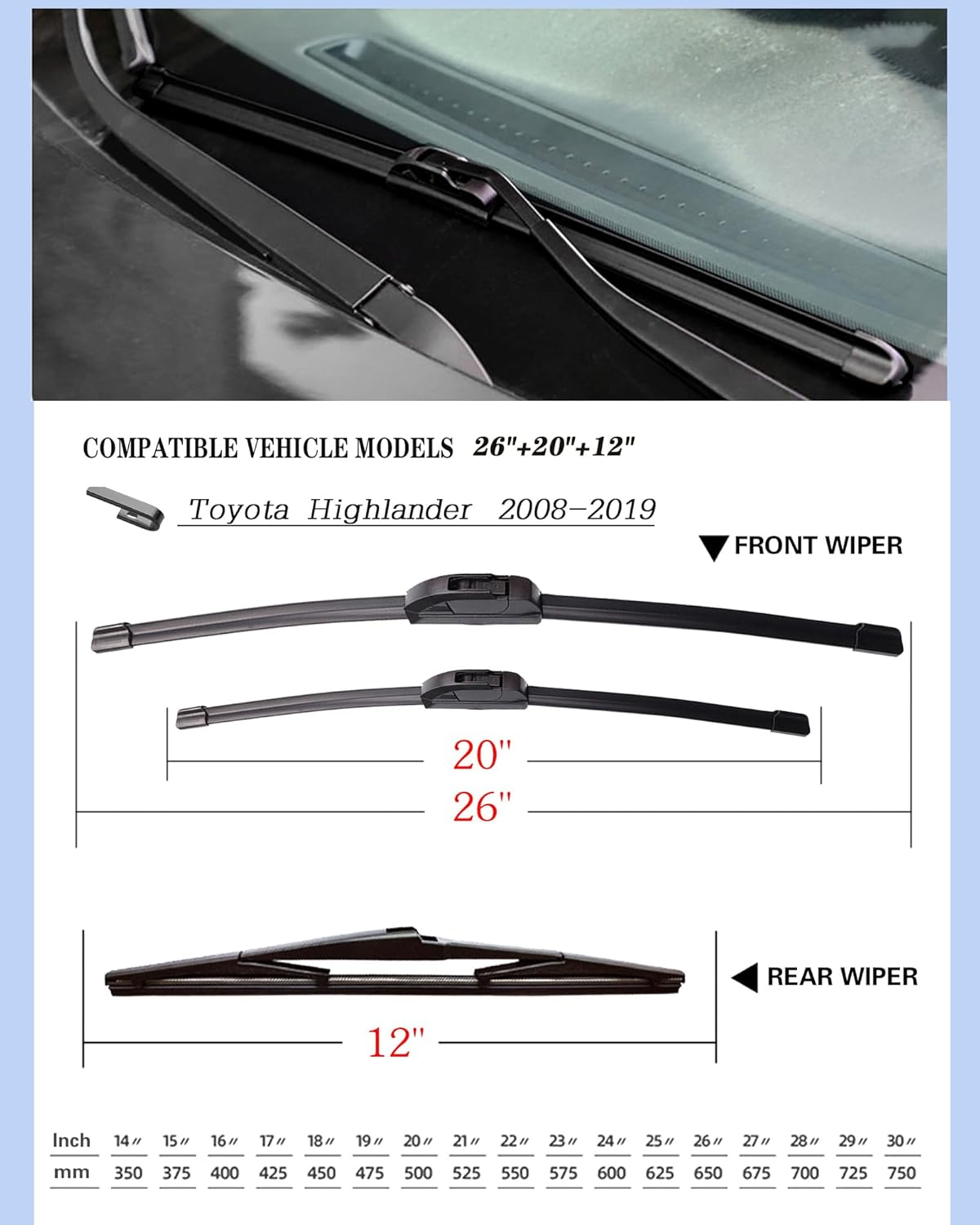 Juego de 3 limpiaparabrisas de repuesto para Toyota Highlander 2008-2019, juego de limpiaparabrisas de 26 + 20 + 12 pulgadas (juego de 3) gancho UJ