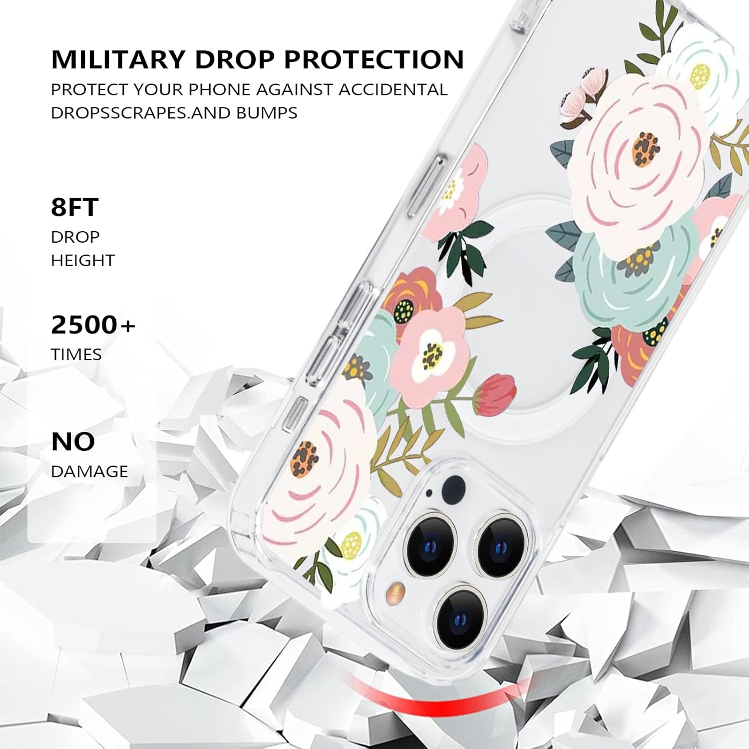 Funda magnética transparente con diseño de flores para iPhone 15 Pro compatible con MagSafe, patrón floral transparente a prueba de golpes, parte