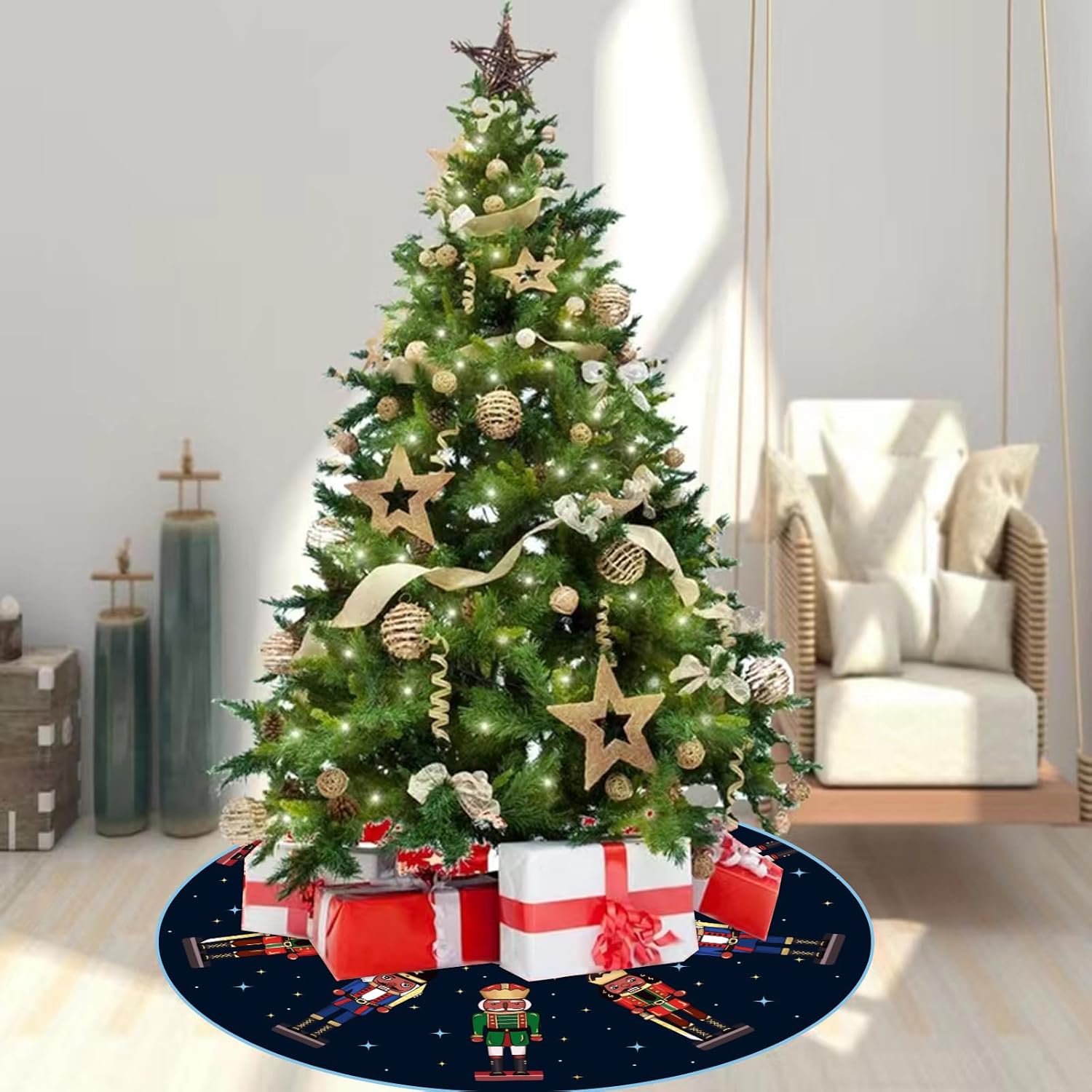 Falda de árbol de Navidad, color azul marino, cascanueces, falda de árbol de invierno de 48 pulgadas para decoración de Navidad en interiores y