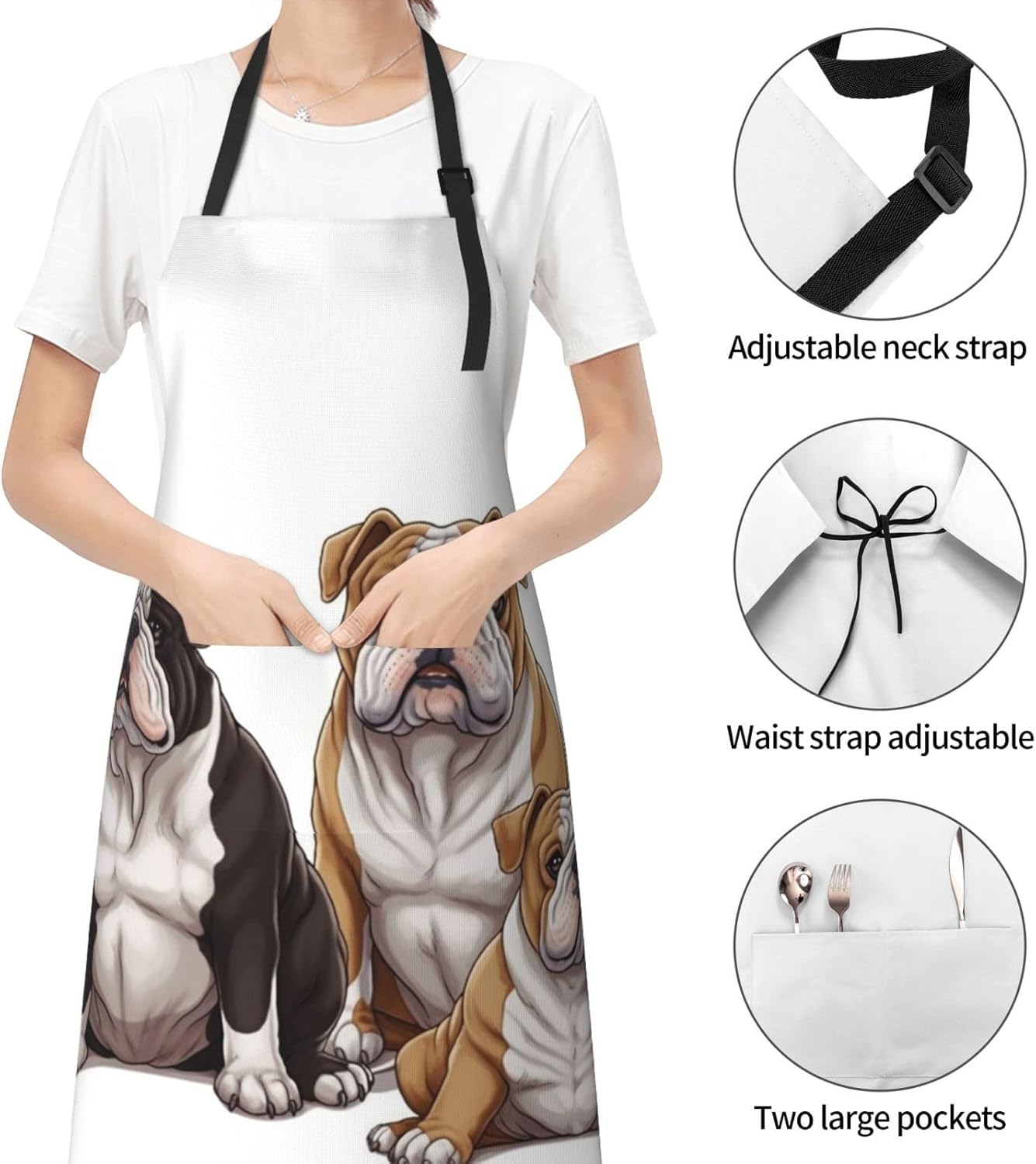 RLDOBOFE Delantal con estampado de bulldogs ingleses, delantal impermeable con correa ajustable para el cuello, delantal de cocina, babero de chef
