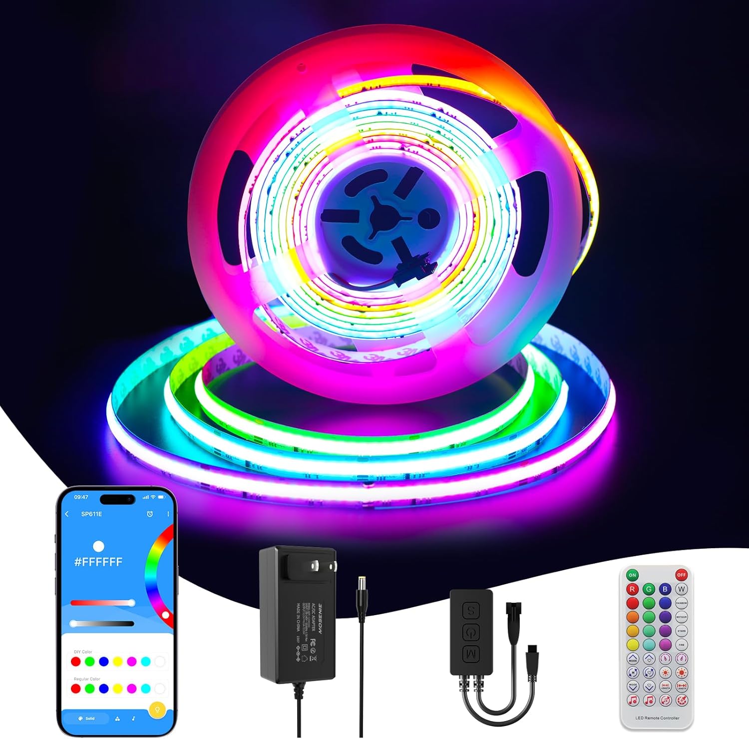 Gingsow Tira de luces LED RGB WS2811 IC COB de 18 pies, DC12V Kit de tira de luces LED RGB direccionables, control de aplicación, sincronización de