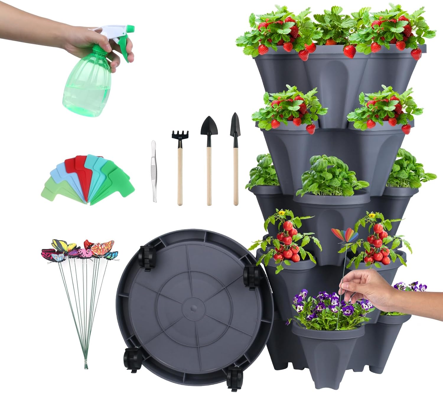 DUNCHATY Maceta apilable, maceta vertical de fresa con juego de herramientas Garen, maceta de jardín de riego automático para interiores y