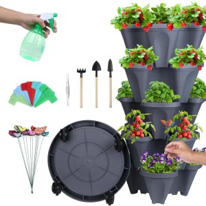 DUNCHATY Maceta apilable, maceta vertical de fresa con juego de herramientas Garen, maceta de jardín de riego automático para interiores y DUNCHATY Maceta apilable, maceta vertical de fresa con juego de herramientas Garen, maceta de jardín de riego automático para interiores y