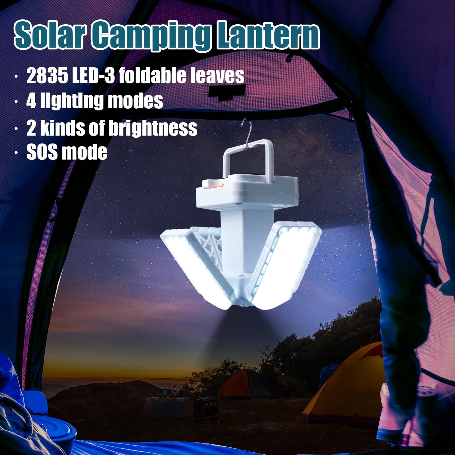Faroles solares para acampar recargables de 5600 lúmenes, linterna de camping plegable, funciona con energía solar, 3 modos de iluminación, luces