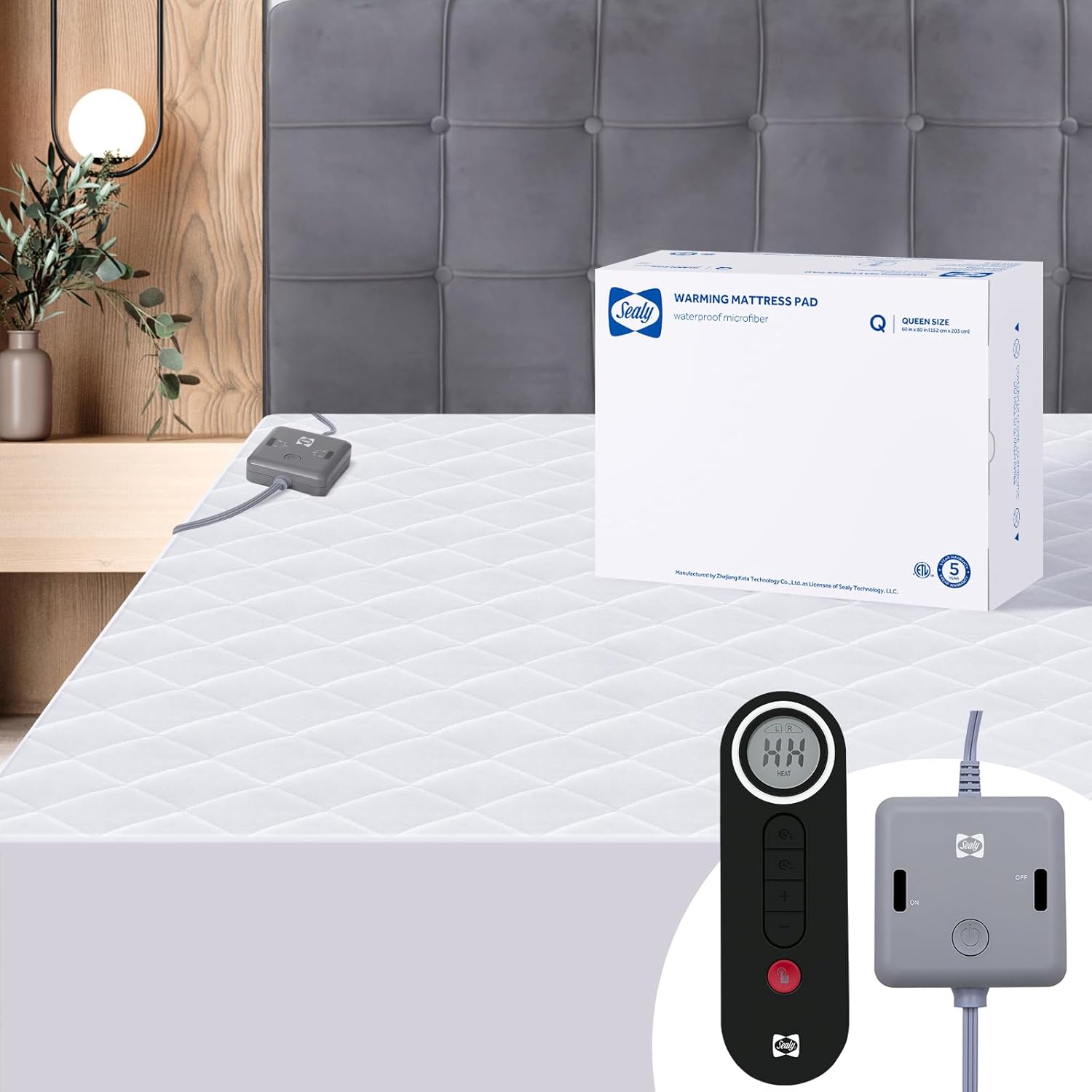 Sealy Protector de colchón térmico tamaño individual, calentador de cama eléctrico de mezcla de algodón con controlador inalámbrico de 10 ajustes de