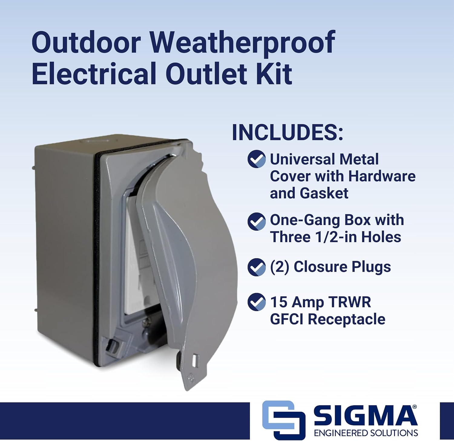 Sigma Electric, Gray Sigma Engineered Solutions 16449 TRWR GFCI Kit de receptáculo con cubierta universal resistente a la intemperie, sin tamaño