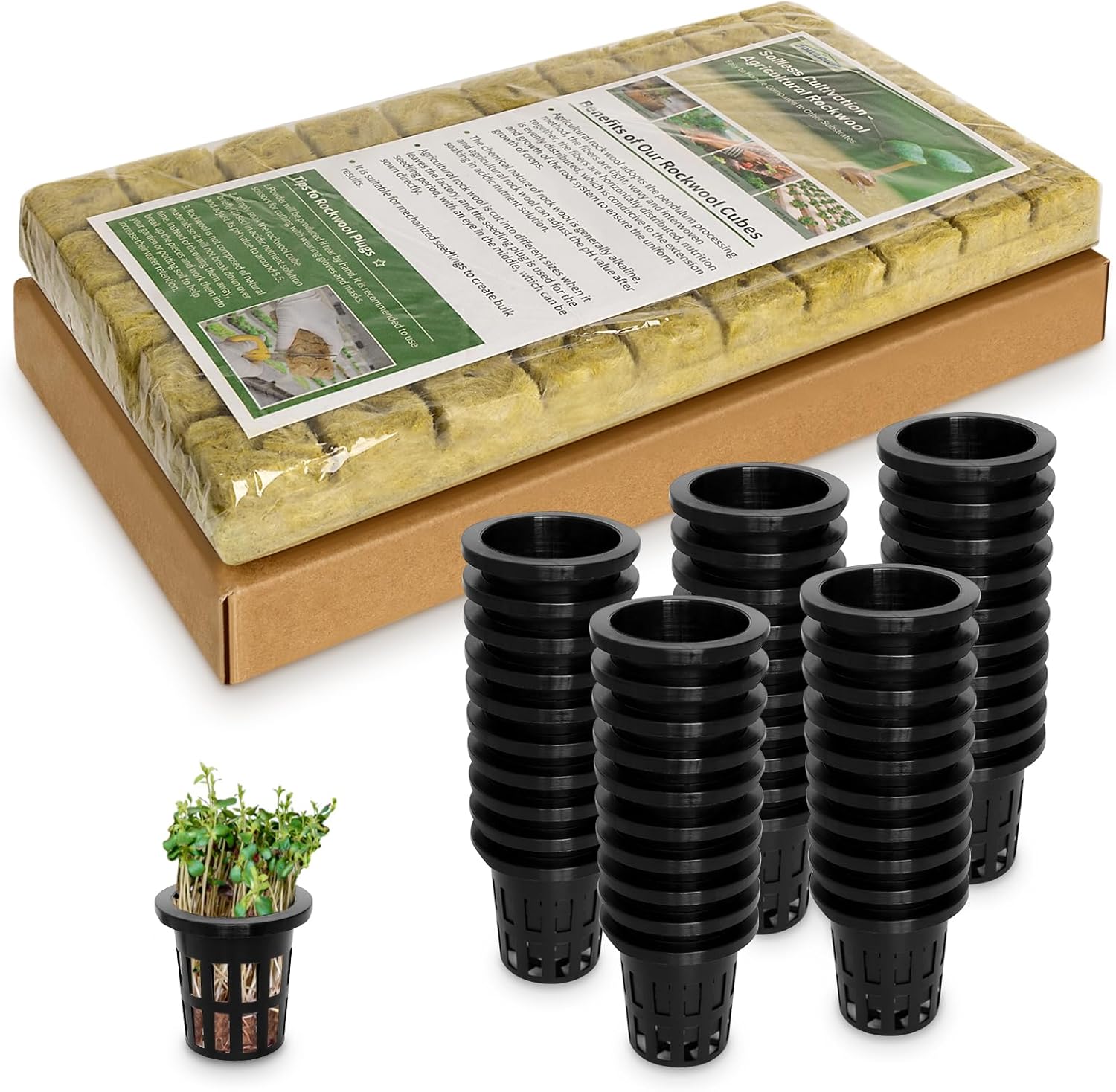 Jowlawn Cubos de lana de roca de 1 pulgada para hidroponía, 50 tapones con 50 macetas de red de 1.5 pulgadas, suministros hidropónicos tazas para
