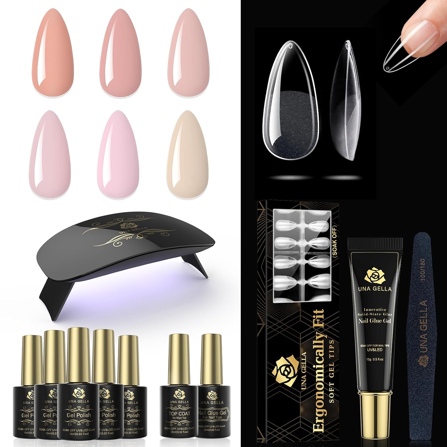 UNA GELLA Kit de iniciación de esmalte de uñas de gel, 6 colores con puntas de uñas postizas de gel de almendra, 5 en 1, capa base de gel de