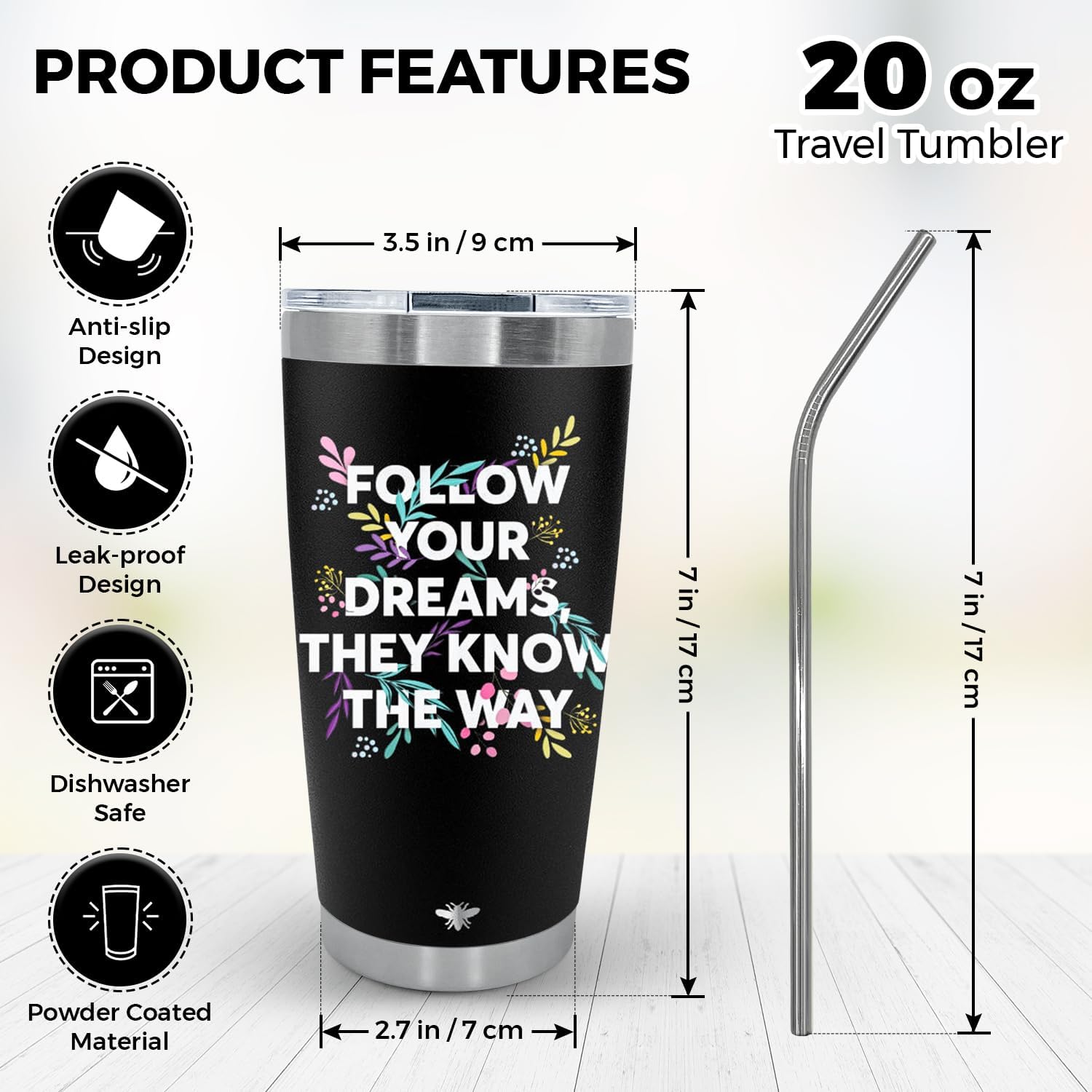 Vaso de café de viaje de 20 onzas con tapa deslizante y popote, taza de café de acero inoxidable a prueba de derrames, acero inoxidable aislado,