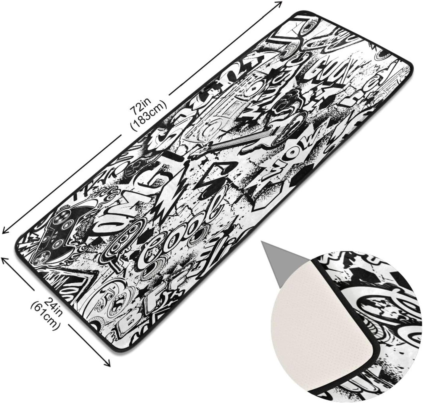 Alfombra de pasillo de graffiti blanco y negro, 24 x 72 pulgadas, ultra suave, antideslizante, lavable, para cocina, baño, entrada y decoración del