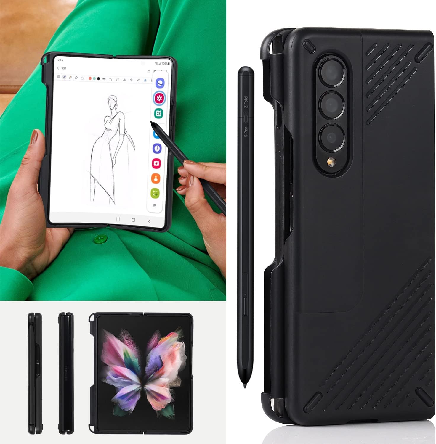 Cavor Funda diseñada para Samsung Galaxy Z Fold 3 con soporte para bolígrafo S, protección de cuerpo completo, antiarañazos, anticaídas, resistente