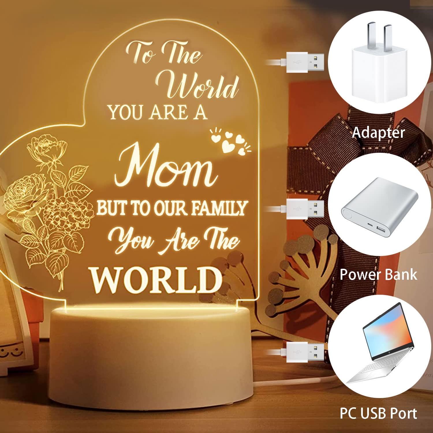 Regalos para mamá de hija hijo, regalos de cumpleaños para madres, 3 modos de luz, luz nocturna, alimentación USB, luz de corazón transparente,