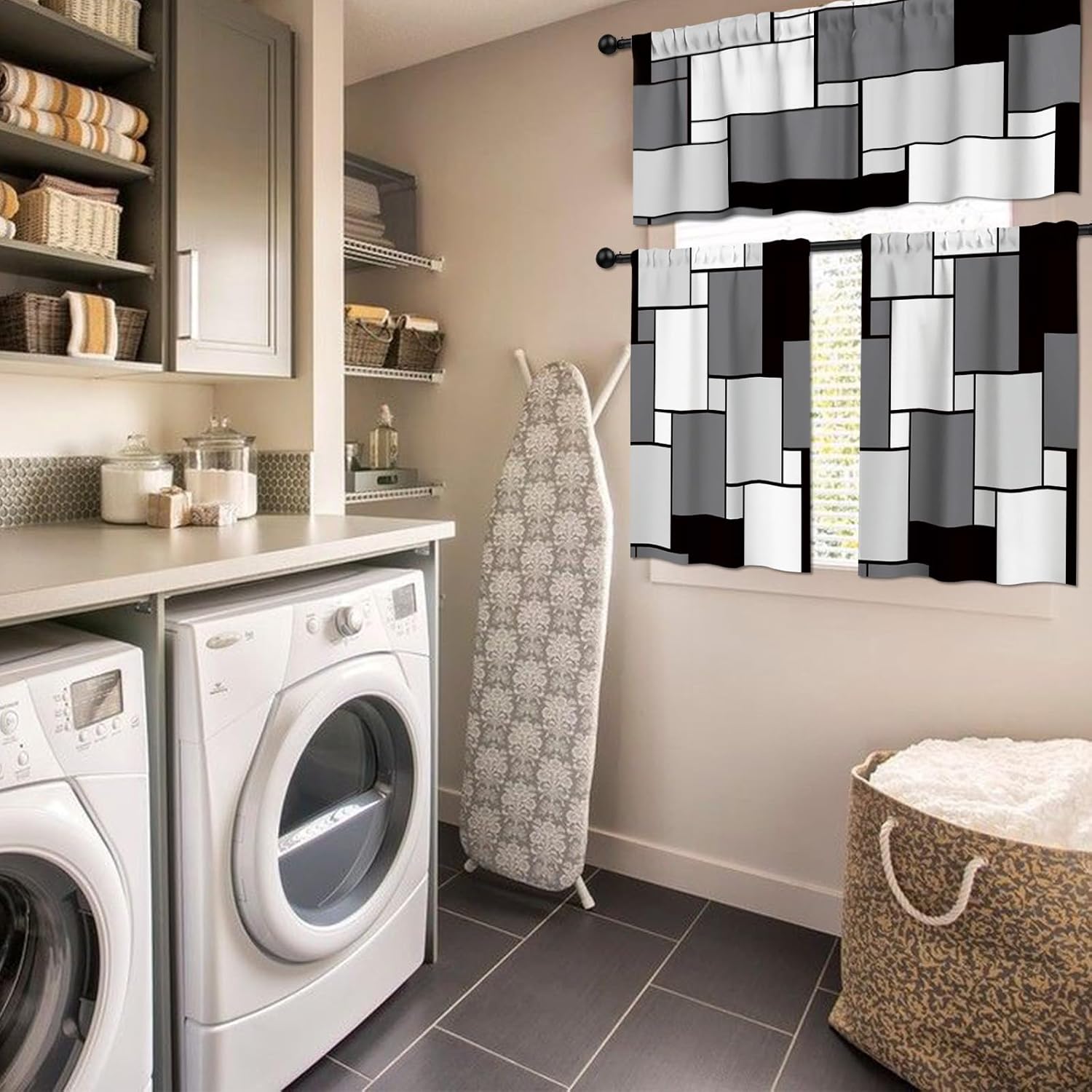 FYATHM Juego de 3 cortinas de cocina color negro y gris para ventanas, cenefa y juego de niveles de 36 pulgadas, moderno con bolsillo para barra,