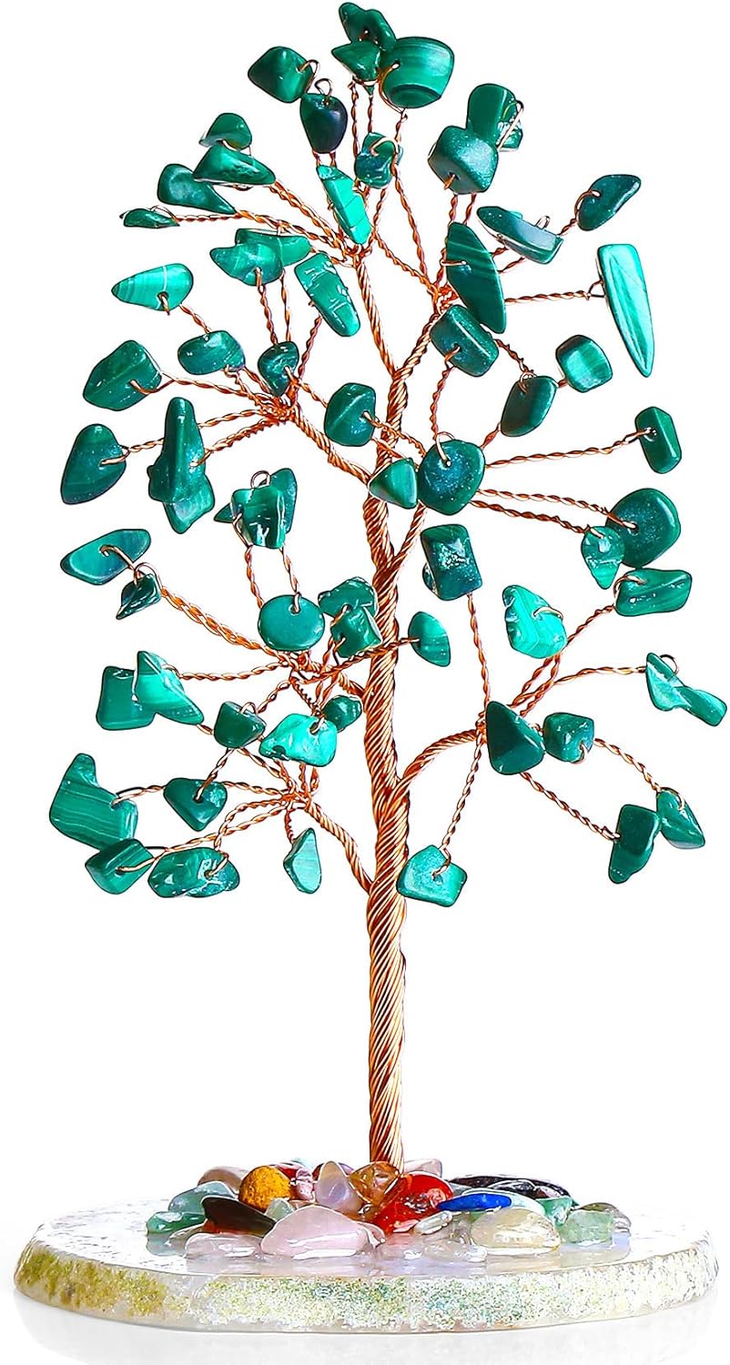 QINJIEJIE Árbol de la vida de cristal de malaquita verde, decoración de escritorio de oficina, decoración de piedra preciosa natural, base de
