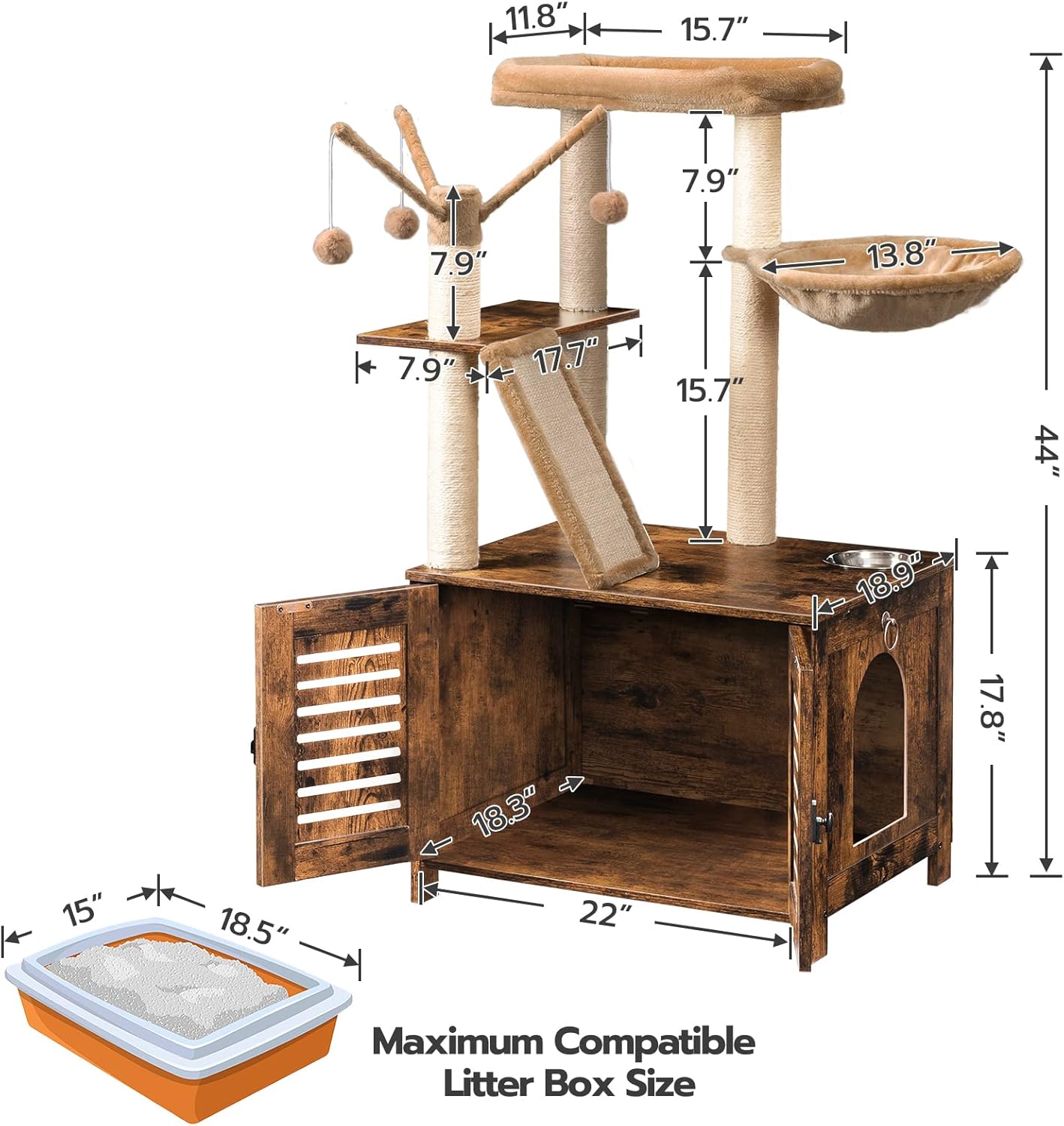 Árbol para gatos con caja de arena, torre de madera para gatos de 44 pulgadas de alto con postes rascadores, hamaca para gatos, muebles de caja de