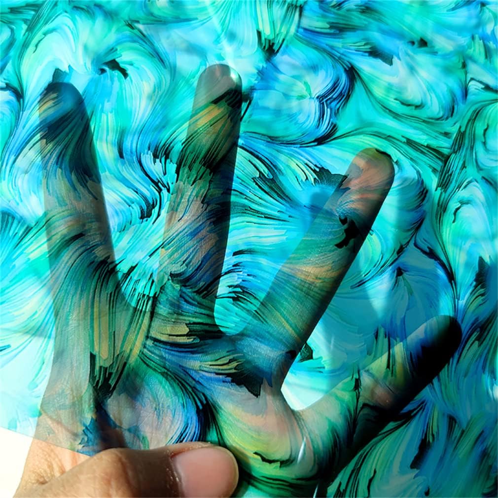 Pintura al óleo azul colorida impresa PVC piel sintética de 11.8 x 53 pulgadas transparente impermeable vinilo gelatina para hacer clips de pelo