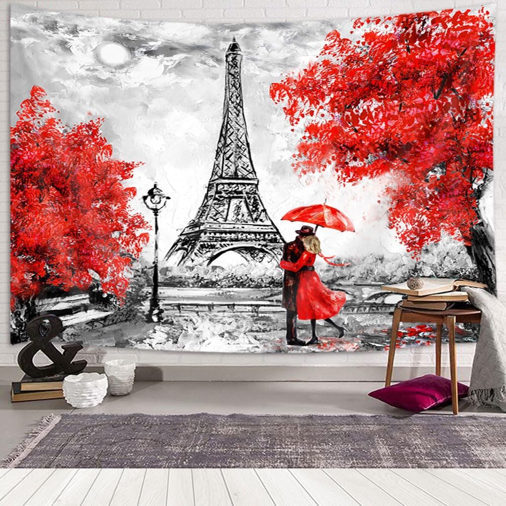 JAWO Tapiz rojo de la Torre Eiffel de París para colgar en la pared, tapiz de París, arte de pared de la Torre Eiffel, paisaje de ciudad europea,