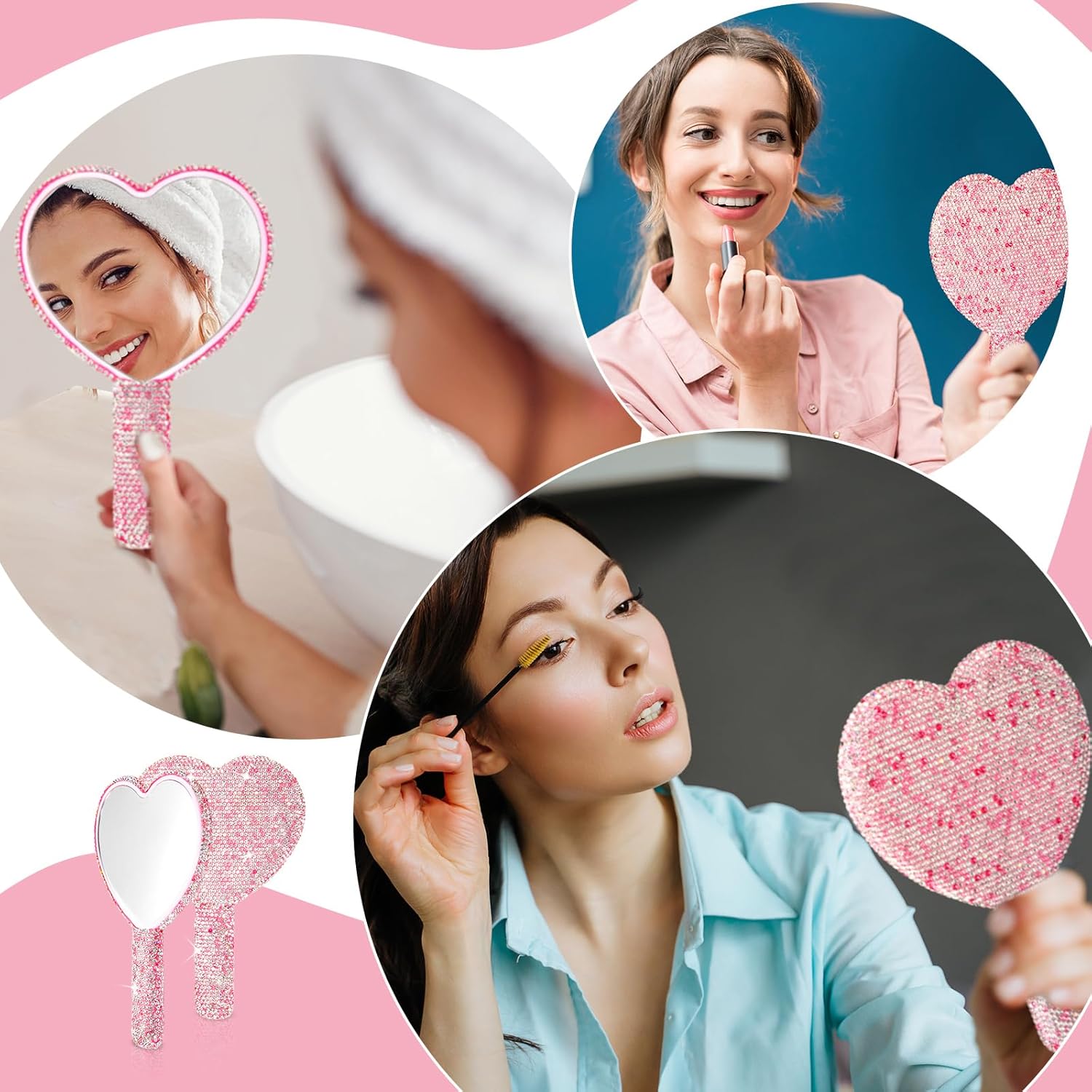Thyle Juego de 4 piezas de espejo de mano con diamantes de imitación y cepillo para el cabello, 2 bonitos espejos en forma de corazón, 2 cepillos de