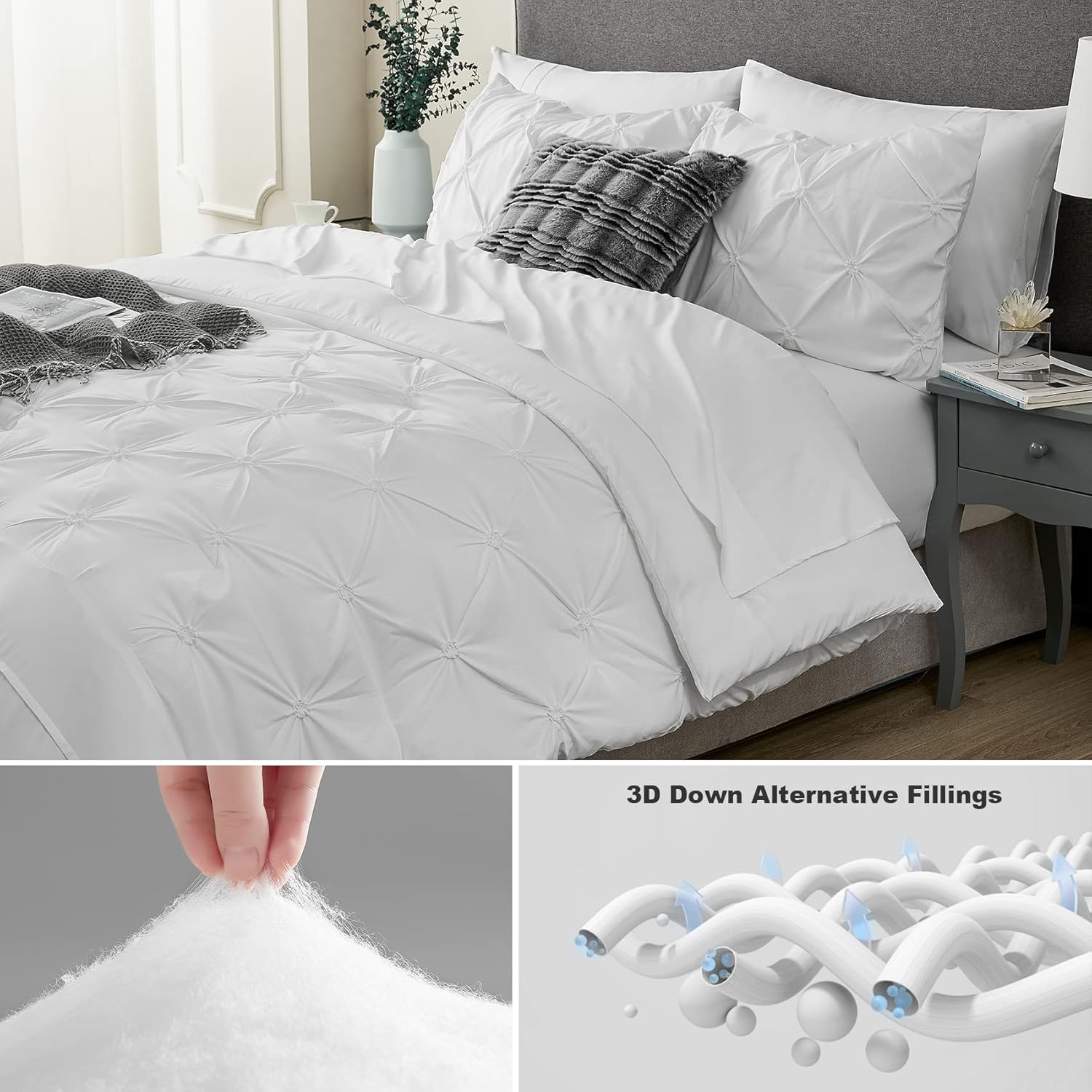Hansleep Pintuck – Juego de edredón blanco de 7 piezas para cama en una bolsa, tamaño King con pliegues, sábanas, fundas de almohada y fundas de