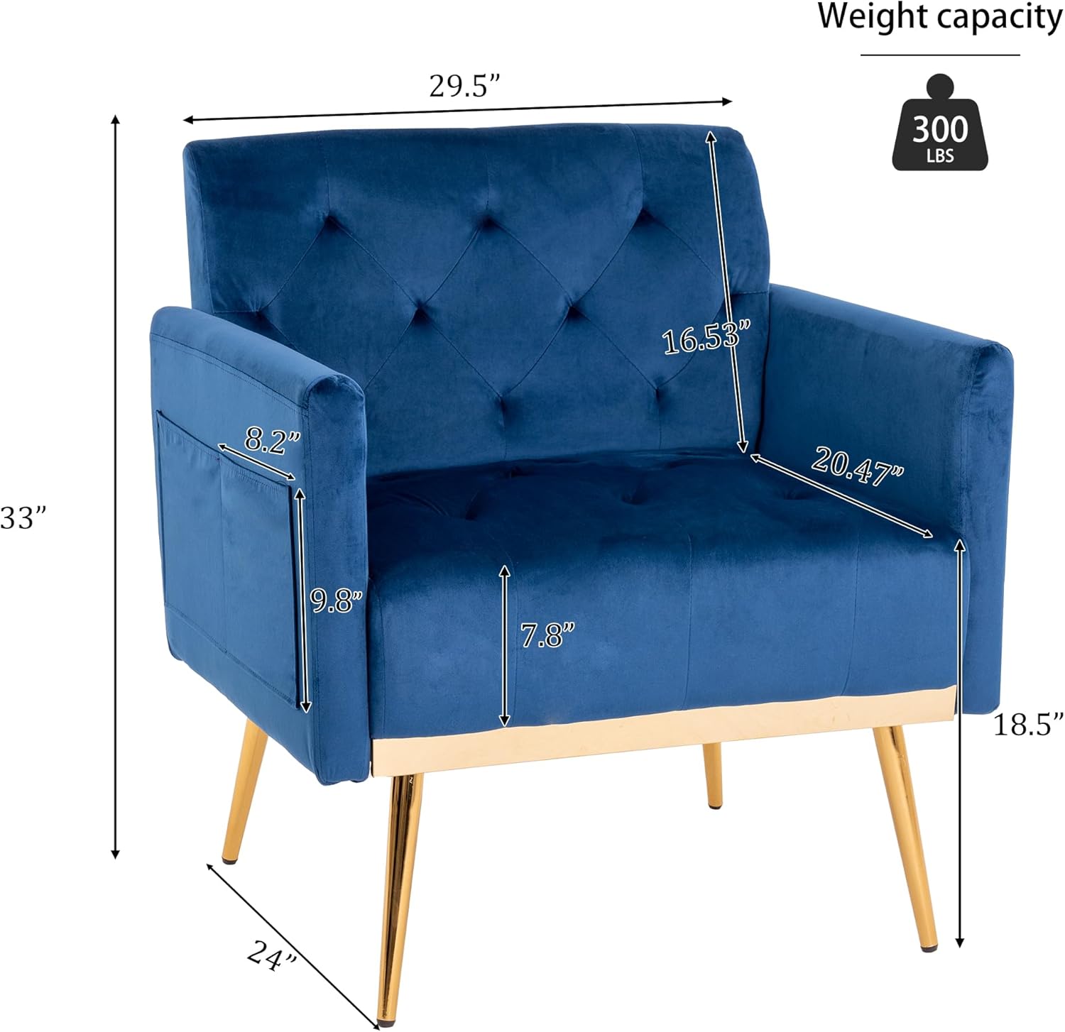 Silla decorativa de terciopelo con patas de metal dorado, silla de lectura moderna de mediados de siglo con bolsillo lateral, cómodo sillón