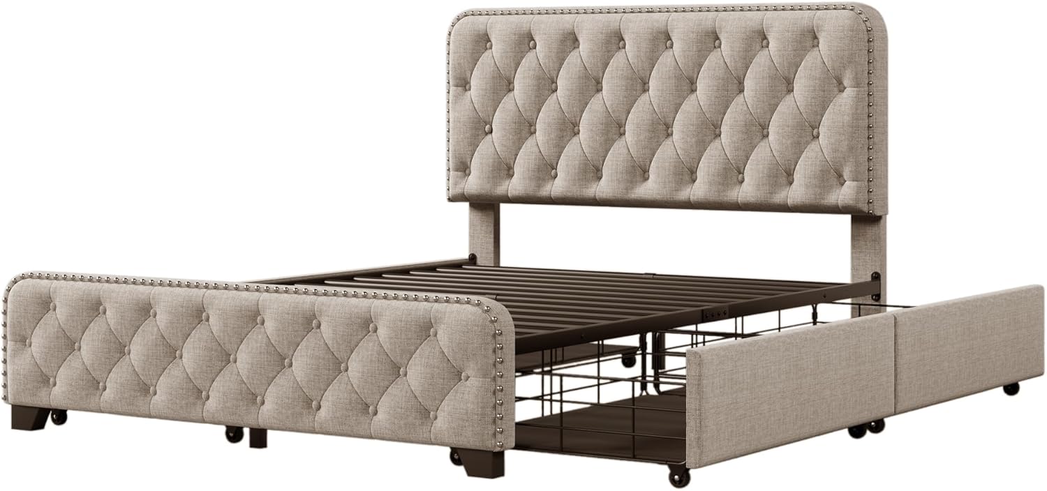 Bellemave Base de cama de plataforma completa con 4 cajones de almacenamiento y cabecero y estribo con botones, soporte de metal resistente, no