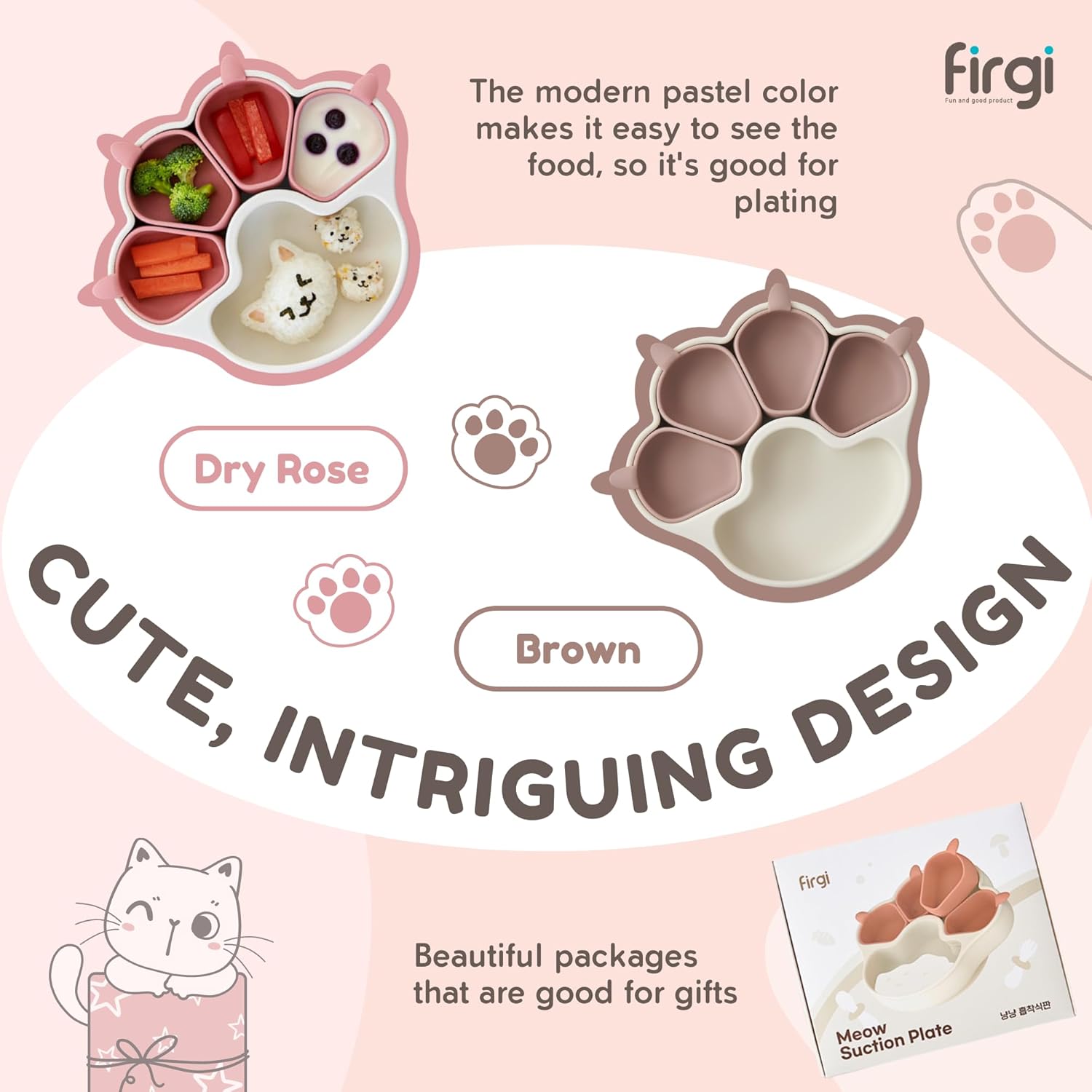 MEOW MEOW Dry Rose – Placas de succión divididas para niños pequeños con placas de diseño antideslizantes para bebés, suministros de destete LED
