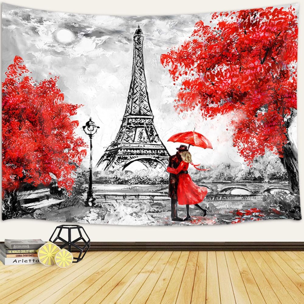JAWO Tapiz rojo de la Torre Eiffel de París para colgar en la pared, tapiz de París, arte de pared de la Torre Eiffel, paisaje de ciudad europea,