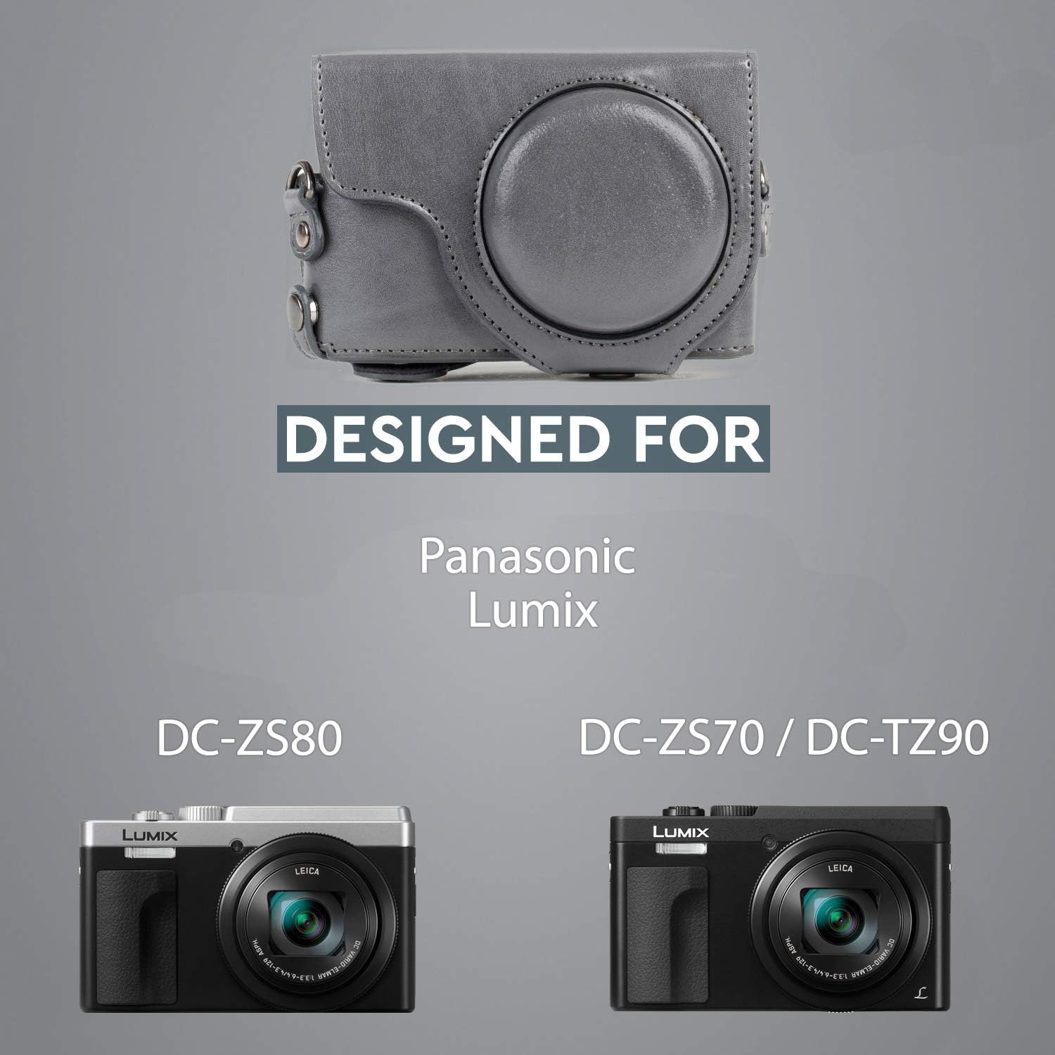MegaGear MG1261 Ever Ready – Funda de piel para cámara compatible con Panasonic Lumix DC-ZS80, DC-ZS70, DC-TZ95, DC-TZ90, color gris
