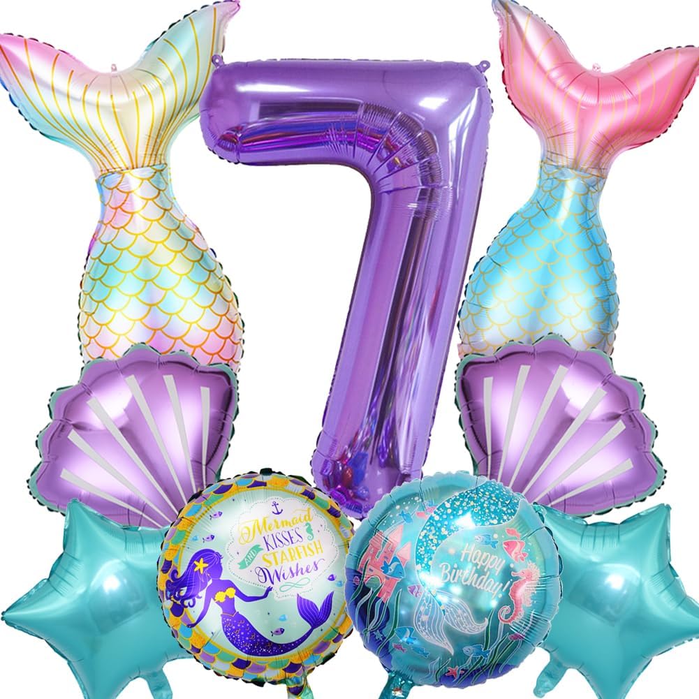 9 piezas de decoraciones de cumpleaños de sirena para niñas, el kit de suministros de fiesta de sirena incluye taid de sirena, globo número 7,