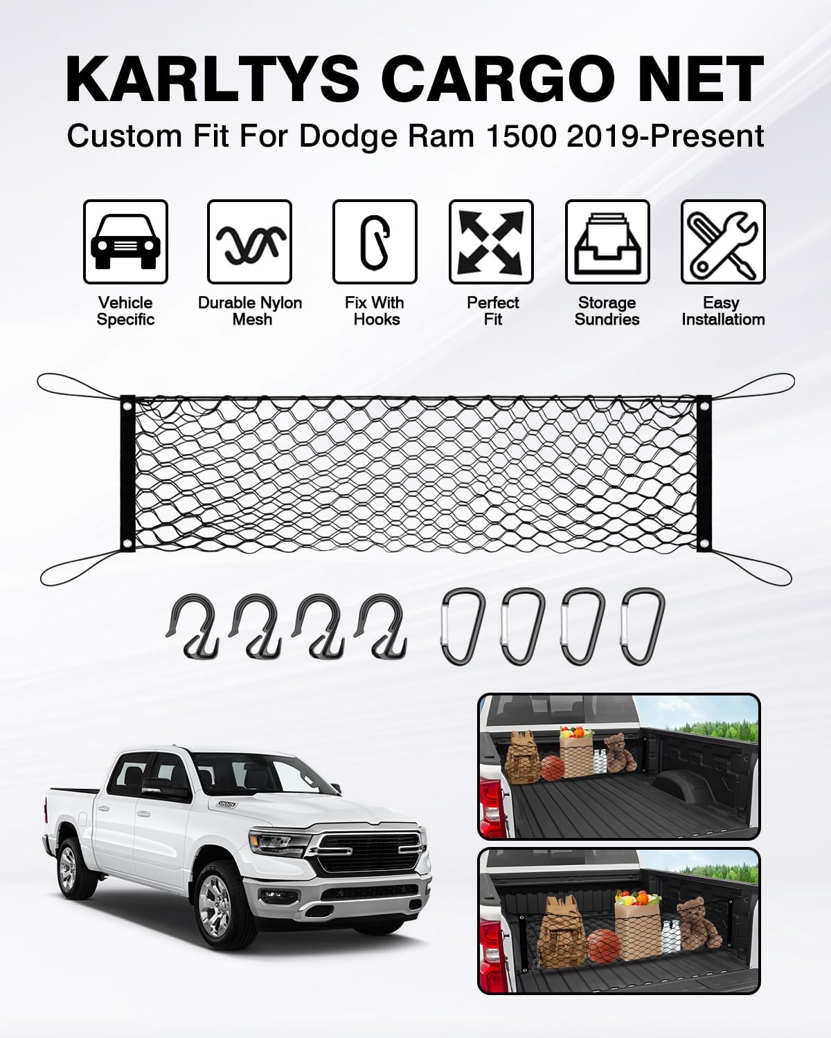 Karltys Red de carga para caja de camión para Dodge Ram 1500 2019-2024, red para caja de camión para Ram 1500, accesorios de camioneta, estilo