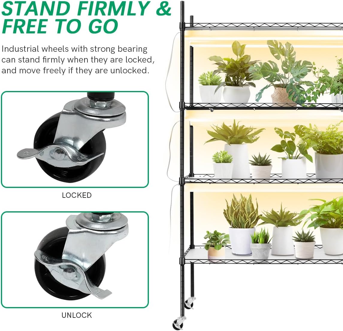 BreeRainz Estante para plantas con luces de crecimiento, soporte de metal de 4 niveles con capacidad de 90 libras para cada estante, longitud de